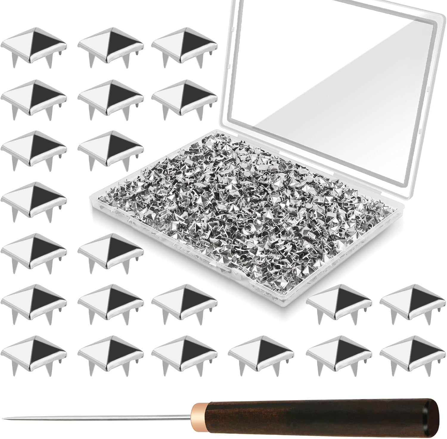1300 Pieces 10 Mm Silver Pyramid Studs for Clothing, Four-Jaw Square Metal Studs for Crafts, Spike Studs for Leather Crafting, Bags, Shoes, Dog Collars with Awl
