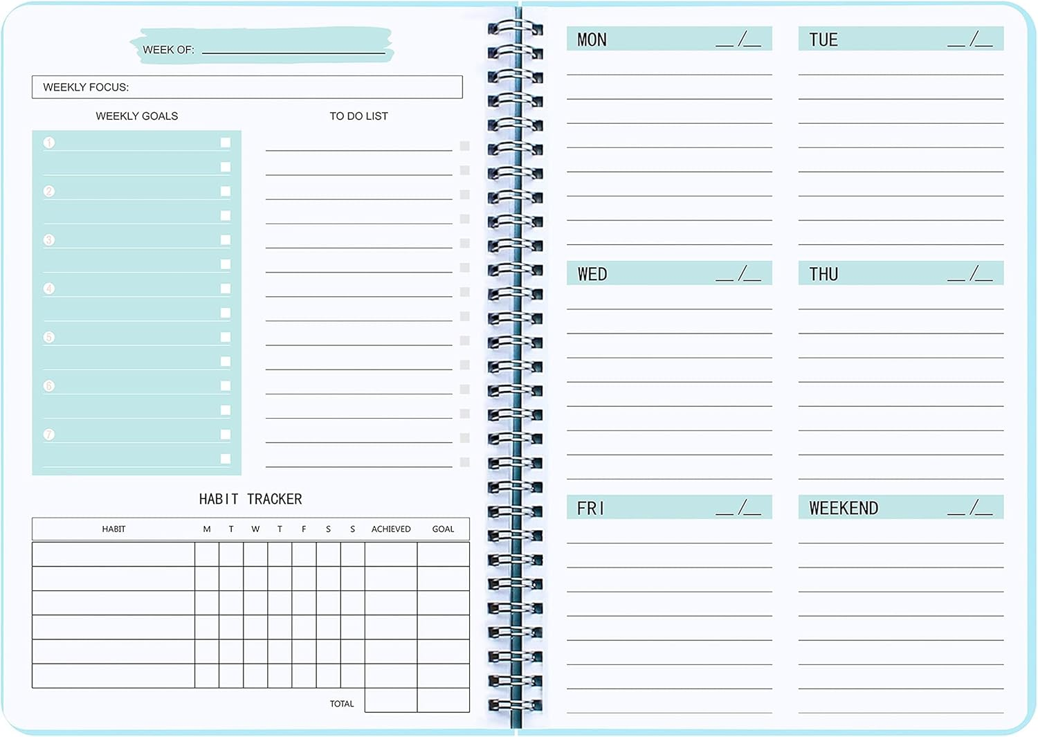 Undated Weekly Planner- Weekly Goals Notebook, A5 to Do List Planner, Habit Tracker Journal with Spiral Binding, 5.7 X 8.0 Inches
