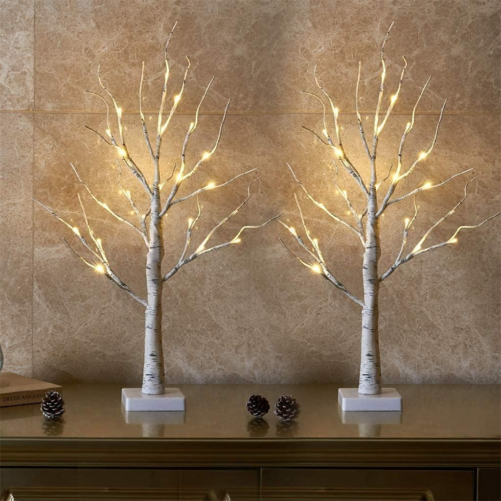 Lighted Birch Tree Christmas Decorations Indoor for Home, 2Pack 24 LED Battery Operated/Usb Tabletop Mini Small Artificial White Trees with Lights for Table Mantel Winter Xmas Decor (2FT)