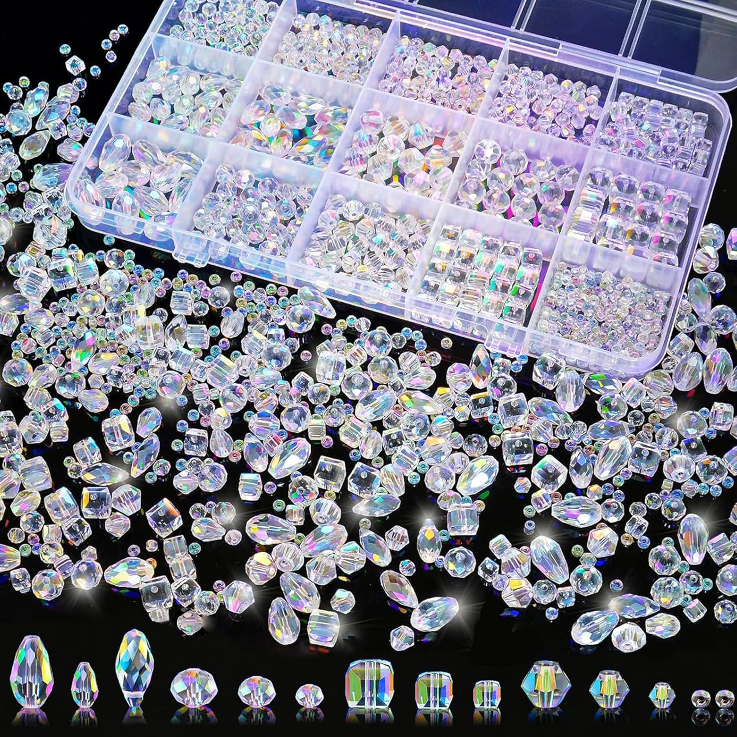 1500 Pcs Crystal Glass Beads for Jewelry Making – 12 Styles Bicone, Rondelle, Cube, Teardrop & 3Mm Spacer Beads, DIY Bracelet Necklace Earring Craft Kit with Organizer Box(Ab Color)