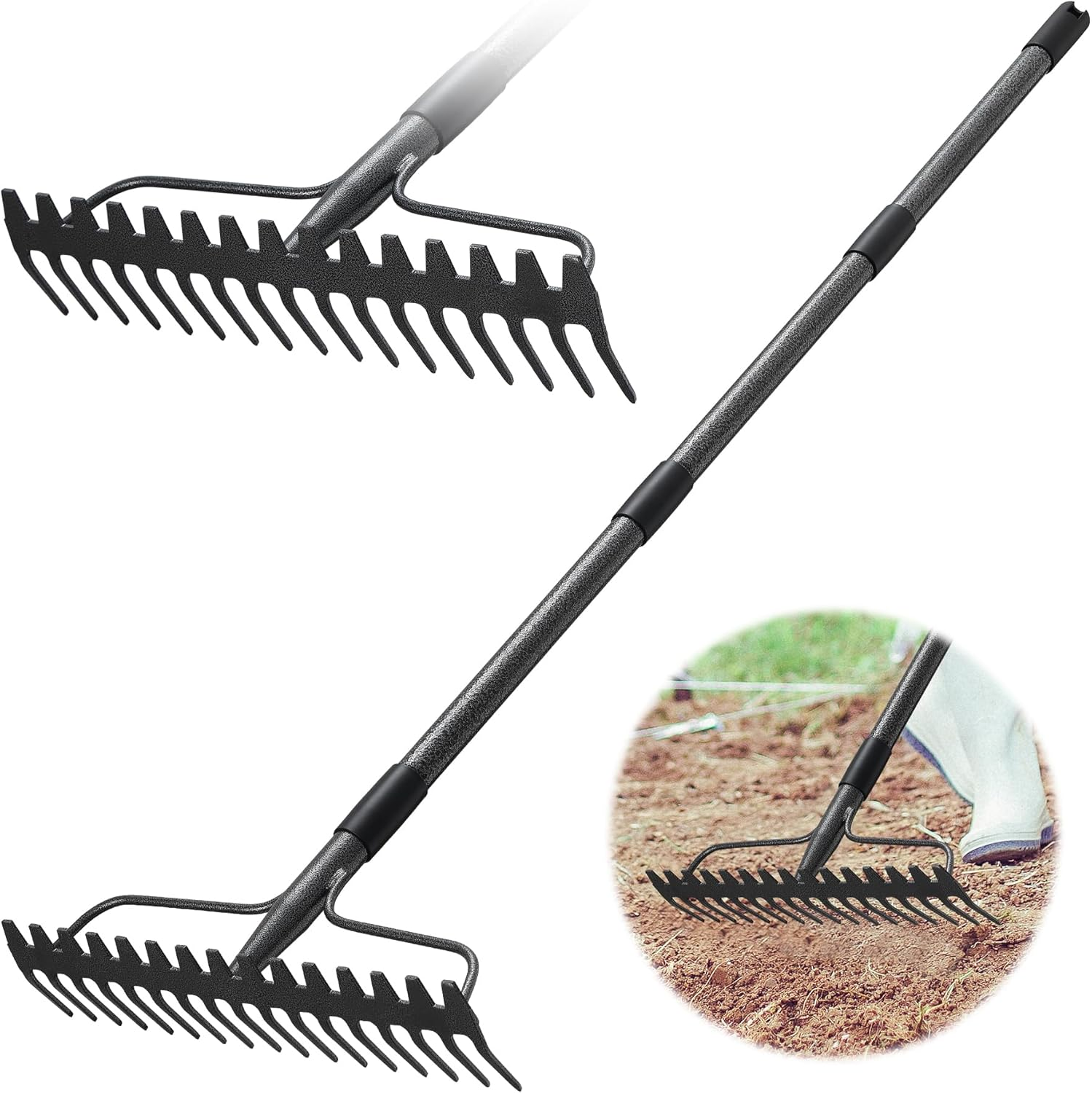 36'' Heavy Duty Garden Rake with Stainless Steel Handle and Metal Head