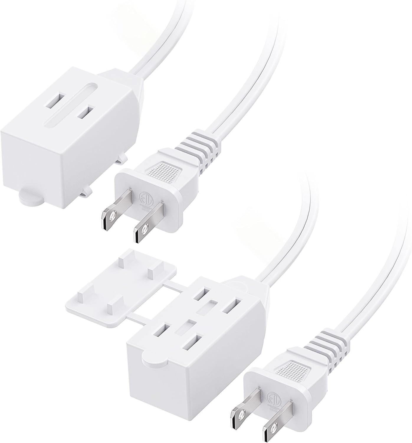 [ETL Listed]  2-Pack 16 AWG 2 Prong Extension Cord 6 Ft, 13A 3-Outlet Extension Cords with Tamper Guard, 13 Amp, 1625 Watts, White