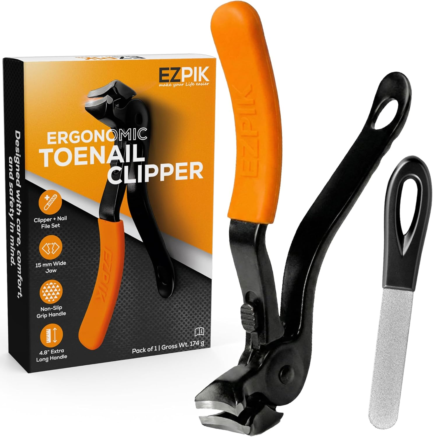Thick Toe Nail Clippers for Seniors with Nail File Set, Ergonomic Nail Cutter with 4.8” Long Handle, Angled Head & Stainless Steel Blades, Comfortable Toenail Clippers for Weak & Arthritic Hands