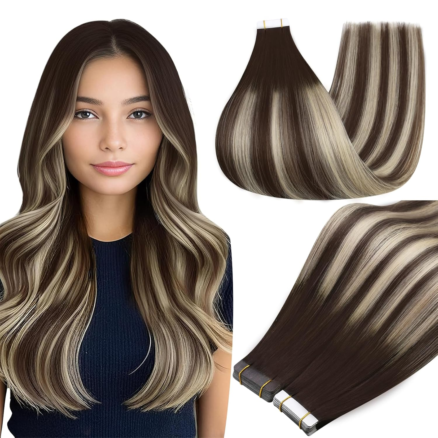 Tape in Hair Extensions Color 2/60/2 Brown and Blonde Tape in Extensions 12Inch Real Remy Hair Extensions Seamless Tape Ins Human Hair Double Sided Human Hair for Women 30Gram 20Pcs