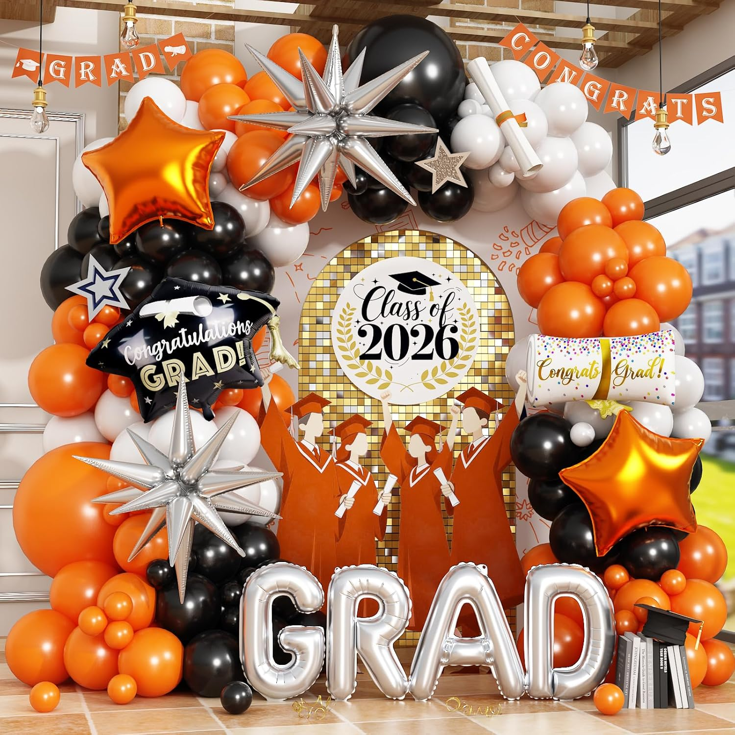 Orange Graduation Balloons Garland Arch Kit, 117PC Orange Black White Graduation Star Print Certificate Grad Foil Balloon with Silver Explosion Star Balloon for Graduate Class of 2026 Prom Party Decor