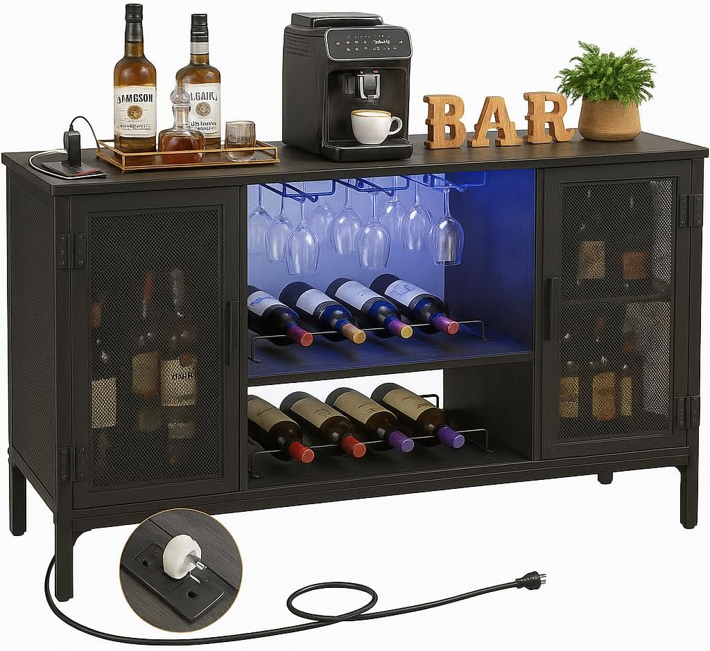 Wine Bar Cabinet with Power Outlets & LED Lights, Industrial Coffee Bar Cabinet with Wine Rack for Home Bar, Liquor Bar Storage Cabinet for Home, Kitchen, Living Room, Black