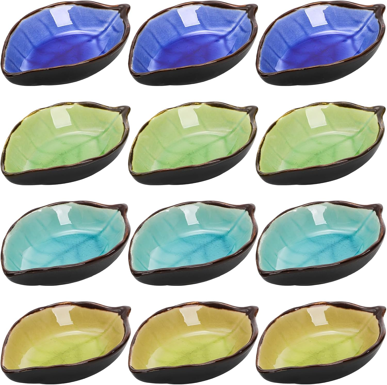 Jucoan 12 Pack Ceramic Soy Sauce Dish, 4 Inch 2 Oz Leaf Shape Small Sauce Dish Salsa Dipping Bowls for Charcuterie Board, Taco, Party, Mini Pinch Bowl for Sushi Oil Vinegar Ketchup Paste Jam