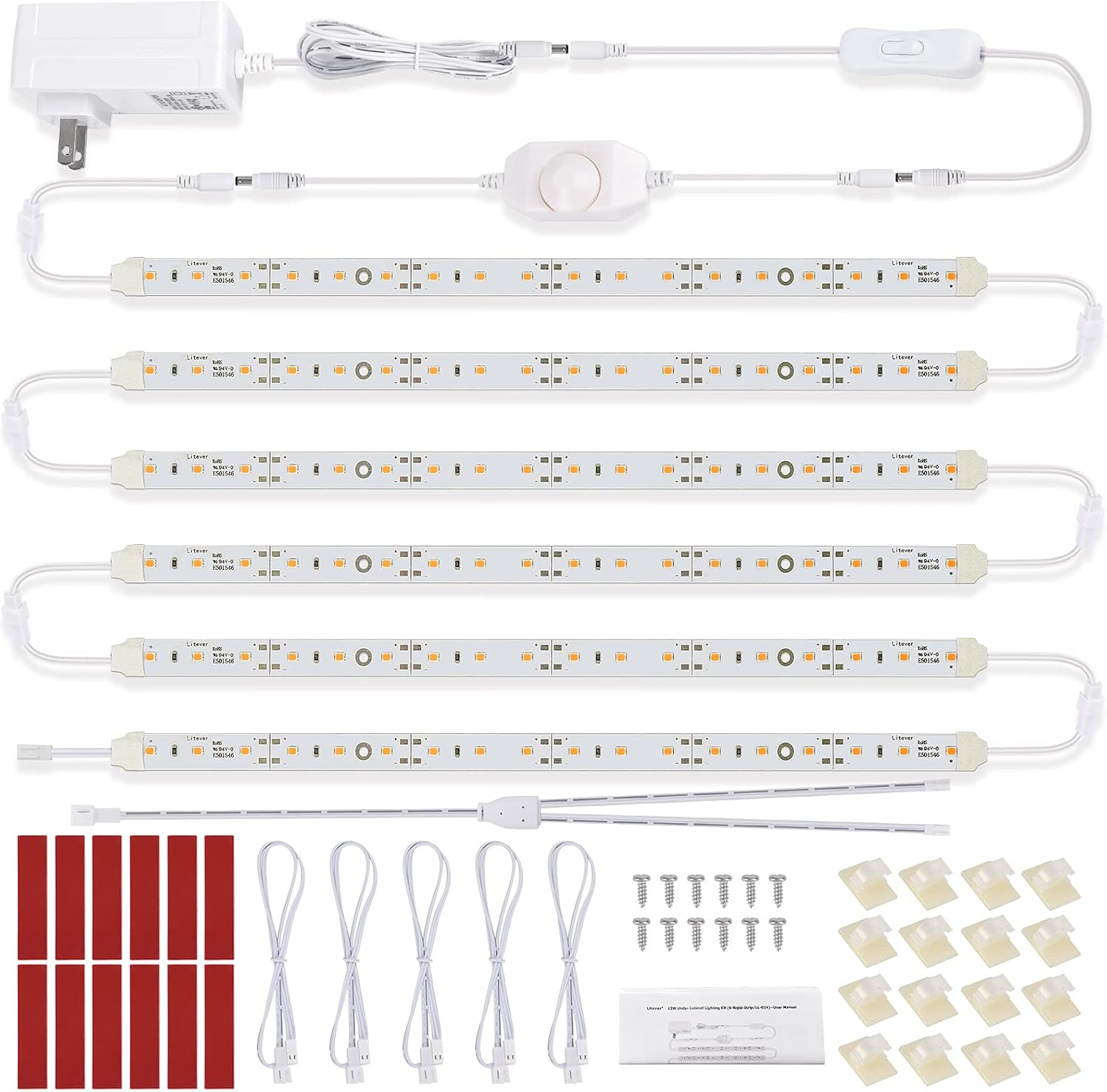 Under Cabinet LED Lighting Kit for Kitchen Cabinet Counters Shelf Closet. 6 PCS 12 Inches Light Strip with Adapter Switch Dimmer Extension Cable. Plug In. Dimmable. 1500 Lumen. Warm White 2700K