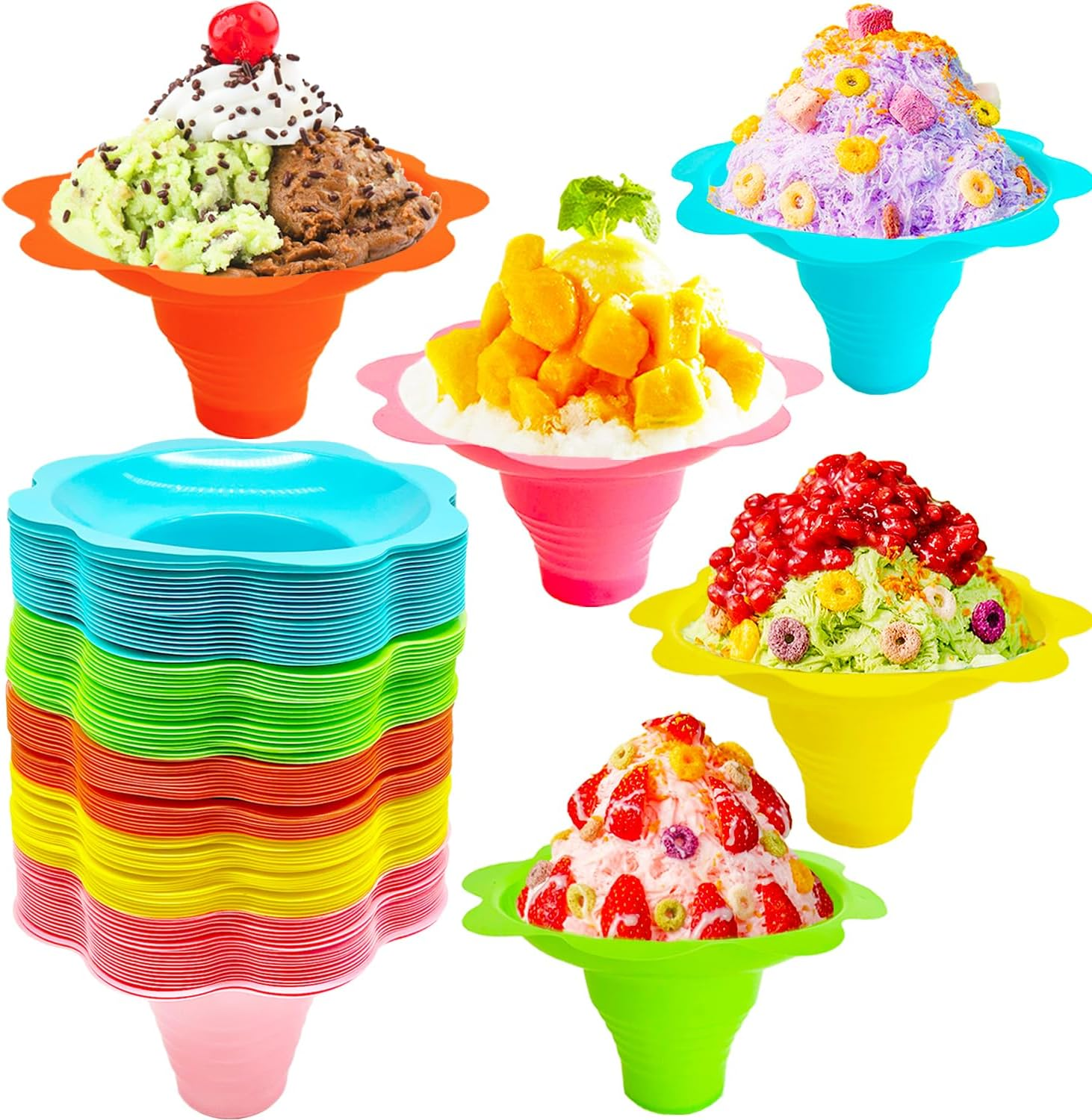 100 PCS Snow Cone Cups,Flower Shaped Shaved Ice Cups,4 OZ Plastic Snow Cone Bowls for Kids Party Summer Cookout Food Service