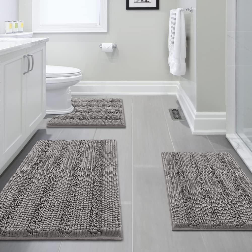 3 Piece Bathroom Rugs Sets Thick Striped Bath Rugs Set for Bathroom Non Slip Soft Absorbent Bath Mat Set for Tub, Shower and Toilet(17''X24''+20''X32''+20''X24'' U-Shaped, Dove)