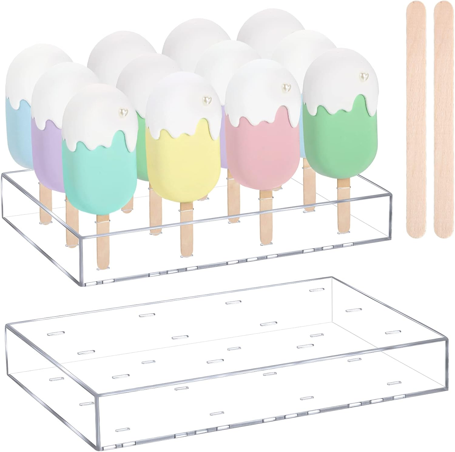 2 Pcs Acrylic Cakesicle Stand Display with 100 Wood Sticks | Reusable Clear Cake Pop Holder, 100 Wood Ice Cream Sticks Included, for Birthday Wedding Baby Shower Dessert Tables