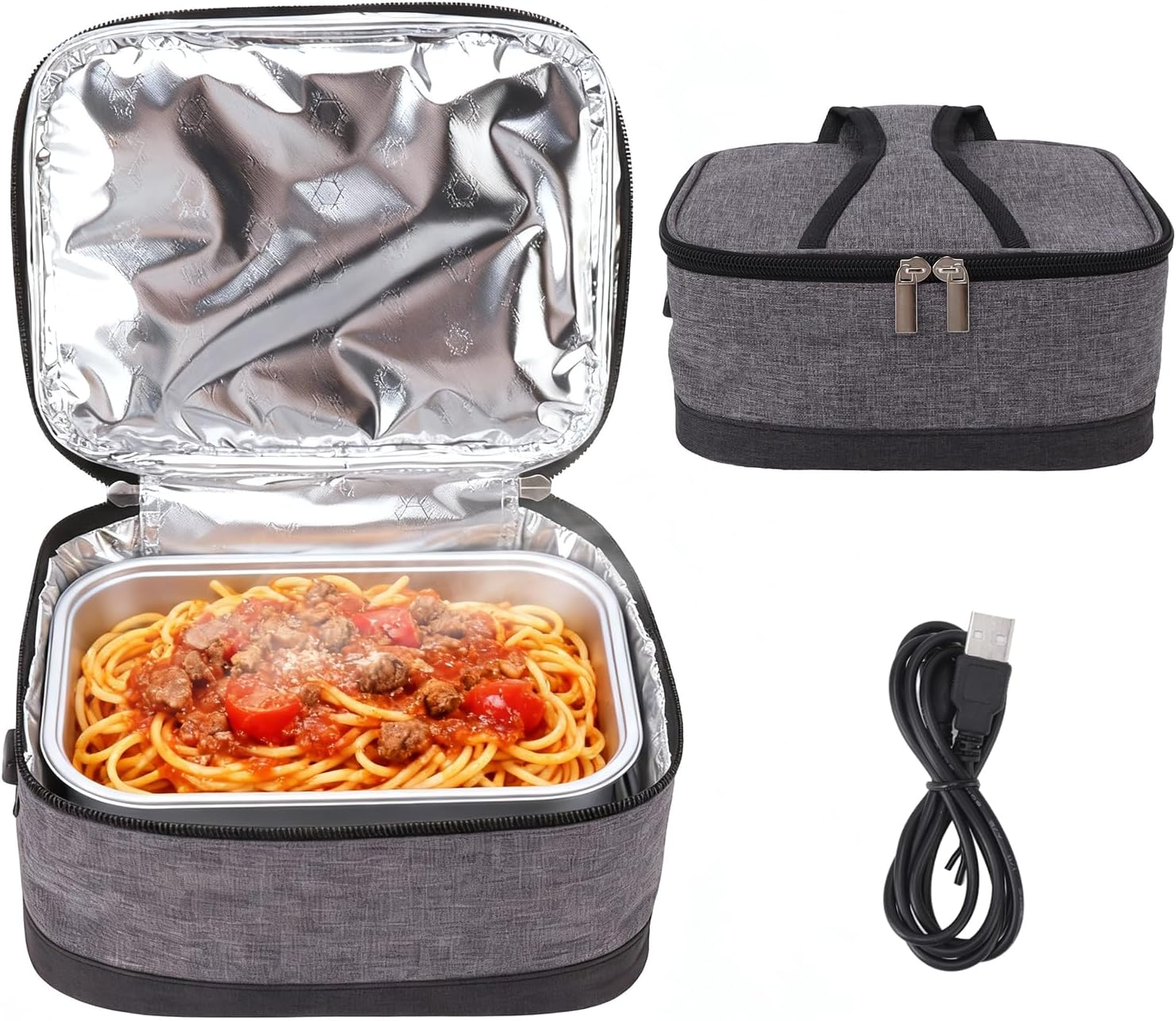 Scaldavivande Elettrico USB Portatile Porta Pranzo Riscaldabile Elegante Piccola Borsa per Il Pranzo Riscaldata per Viaggi, Ufficio, Campeggio E Pranzi Al Sacco, Grigio