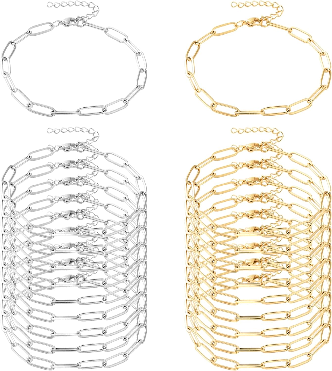 Exway 20 Pcs Paperclip Charm Bracelets Chain 6.5 Inch Stainless Steel Gold and Sliver Chain Bracelets Kit with Lobster Clasps for Crafts DIY Women Jewelry Making