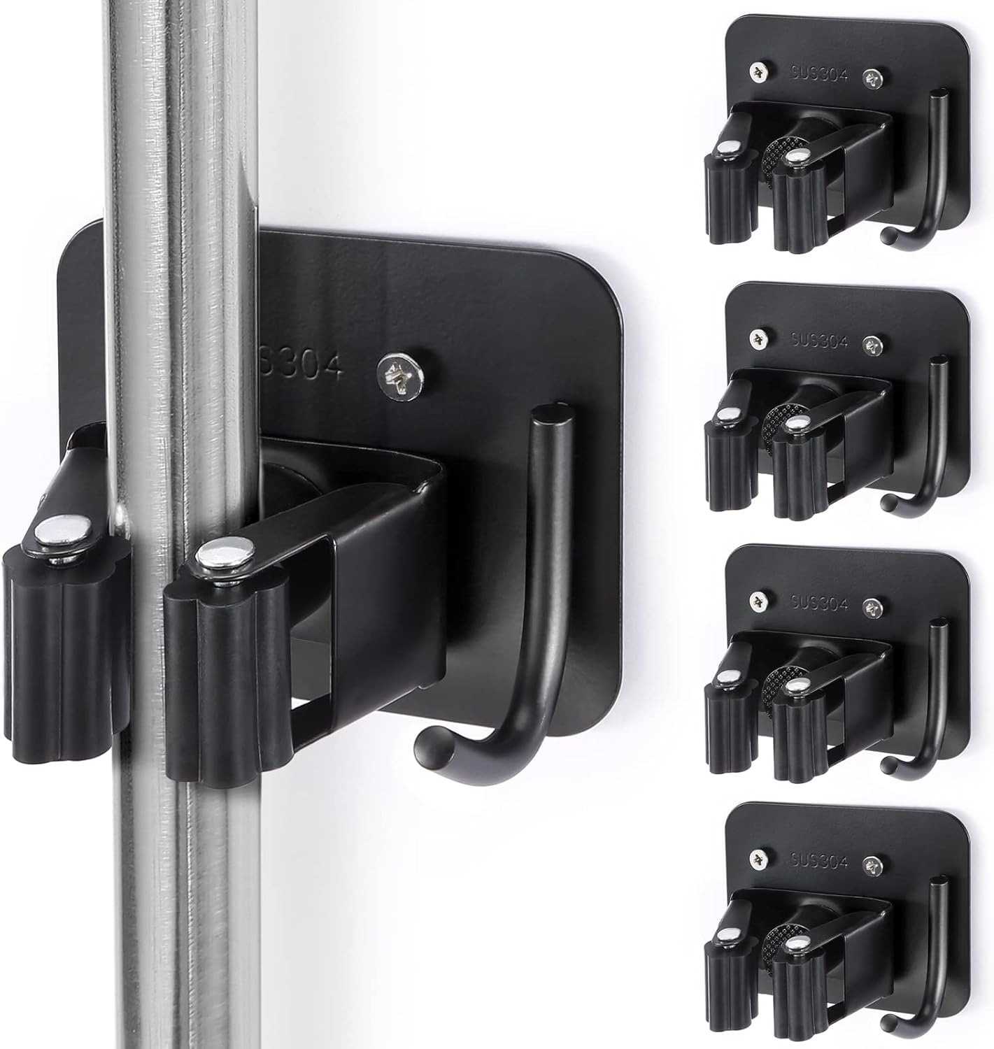 Stainless Steel Broom Holder, Heavy Duty, Rust Resistant, 4 Gripper Positions with 4 Hooks, Black | Drill-Mounted Gripper Rack Holds Brooms, Mops and Garden Tools Safely in the Laundry Room, Kitchen, Garage, Garden and Shed