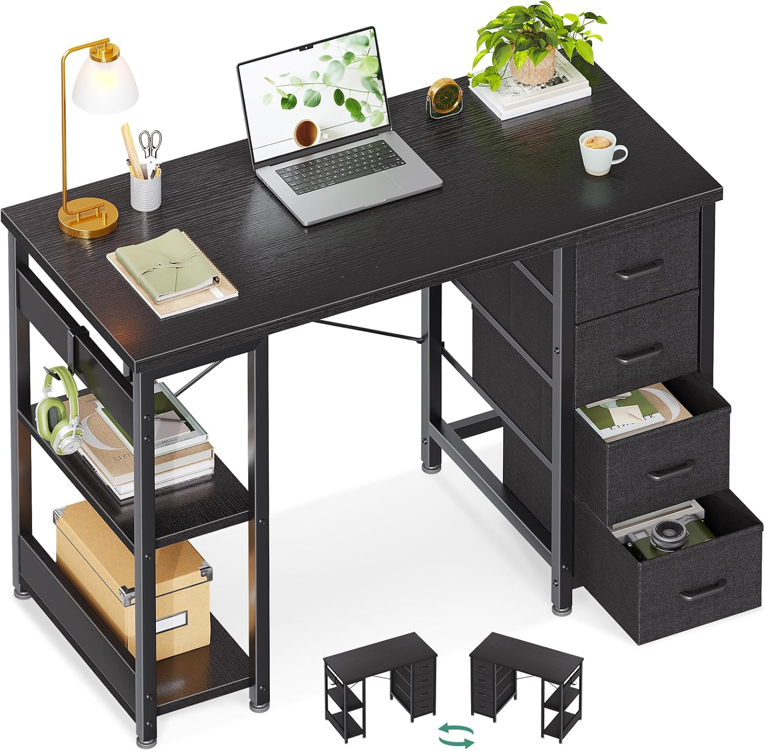 ODK 40Inch Computer Desk with 4 Fabric Drawers and 2 Storage Shelves,Reversib... - Picture 8 of 14