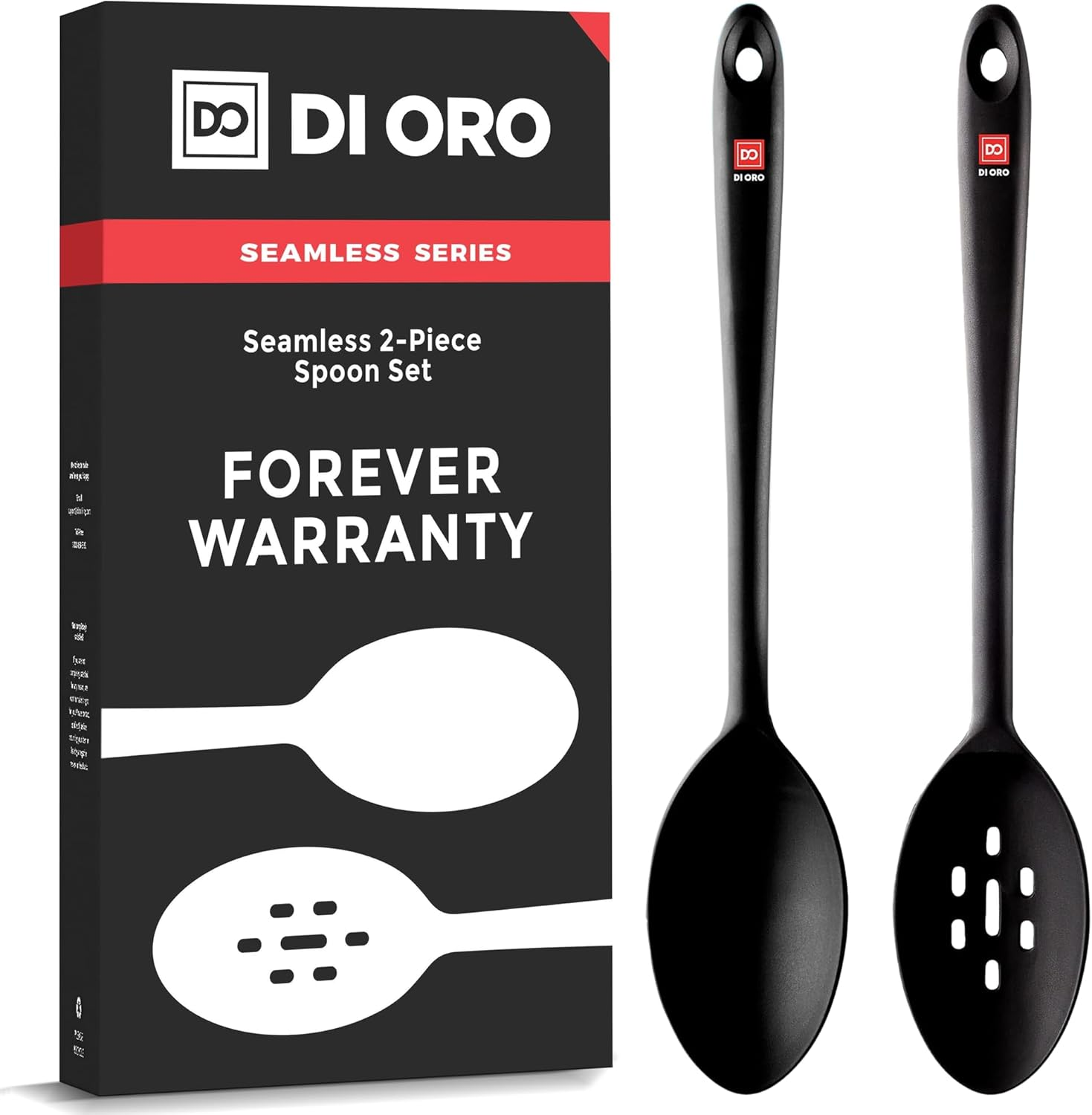 Silicone Spoons for Cooking - Large Kitchen Spoons for Mixing, Serving, & Stirring - 600°F Heat-Resistant Non Stick Utensils – Big Solid & Slotted - Dishwasher Safe (2pc, Black)