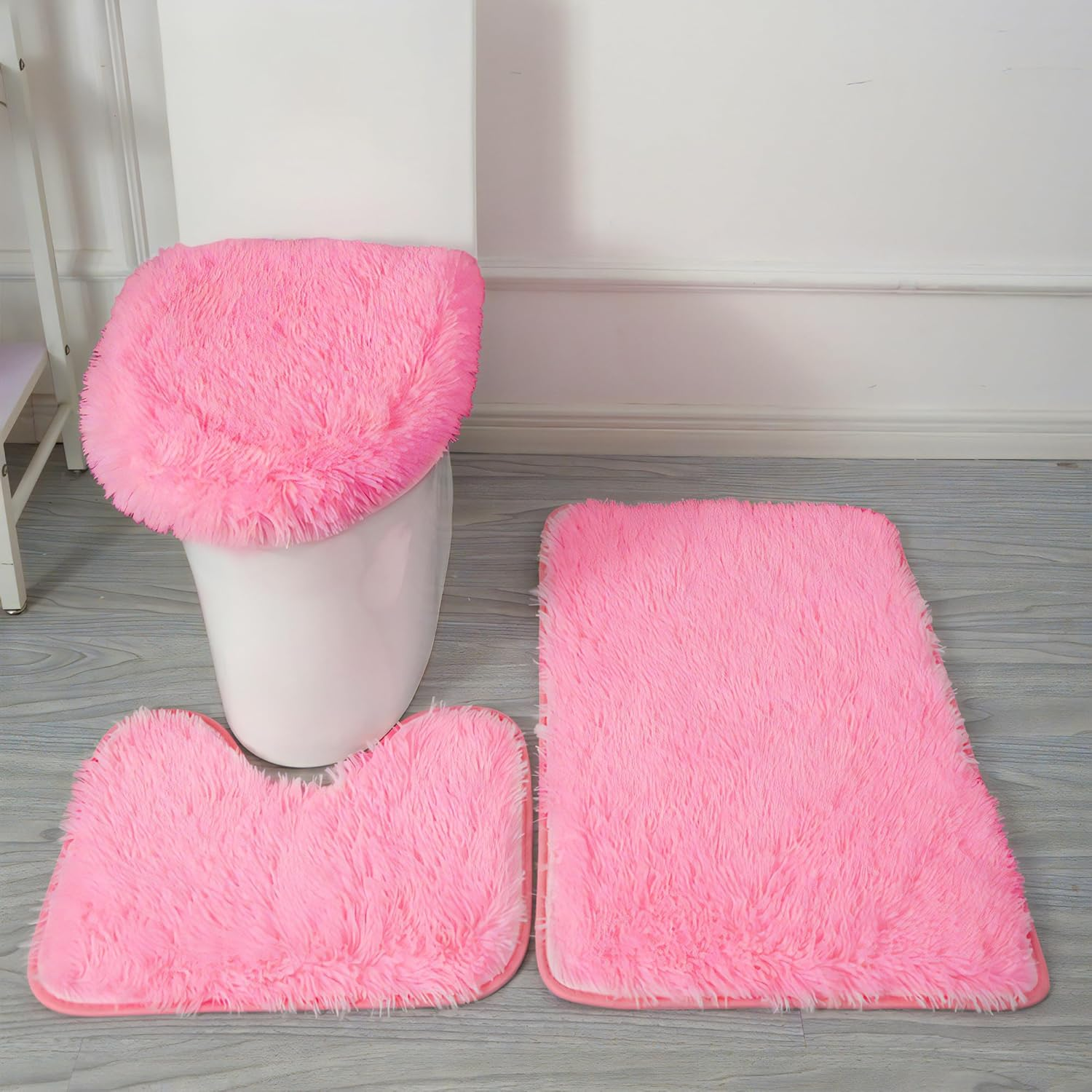 Pink Bathroom Rugs Sets 3Piece Bath Mat Solid Bath Rug Floor Mats Washable Shower Rug with U-Shaped Contour Rug Toilet Lid Cover