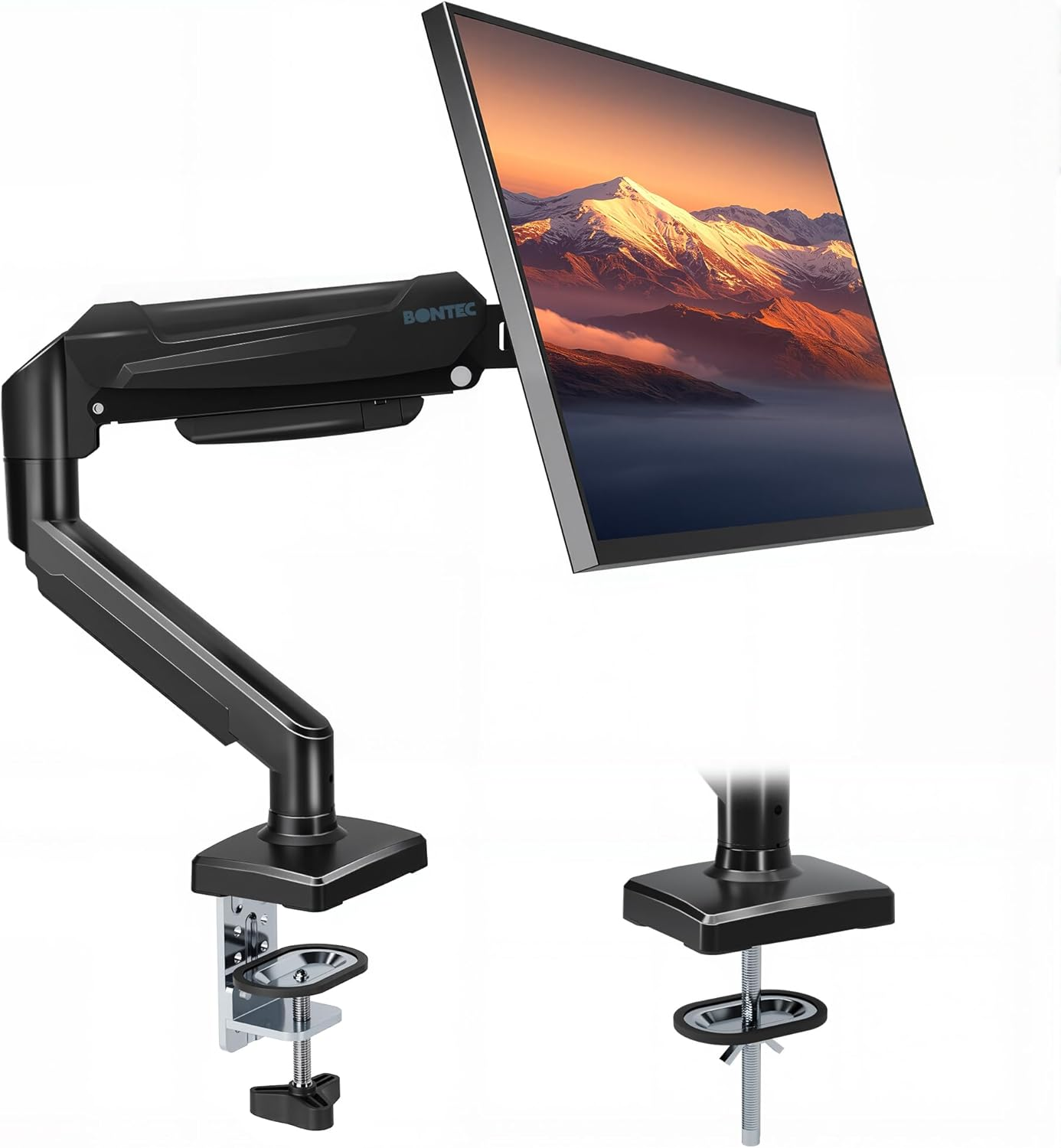 Monitor Desk Mount, 15-32 Inch Gas Spring Arm, Adjustable VESA Mount, Fits 6.6-19.8lbs Monitors, Clamp & Grommet Base, Snap-in Cable Management, Tilt, Swivel, Rotation