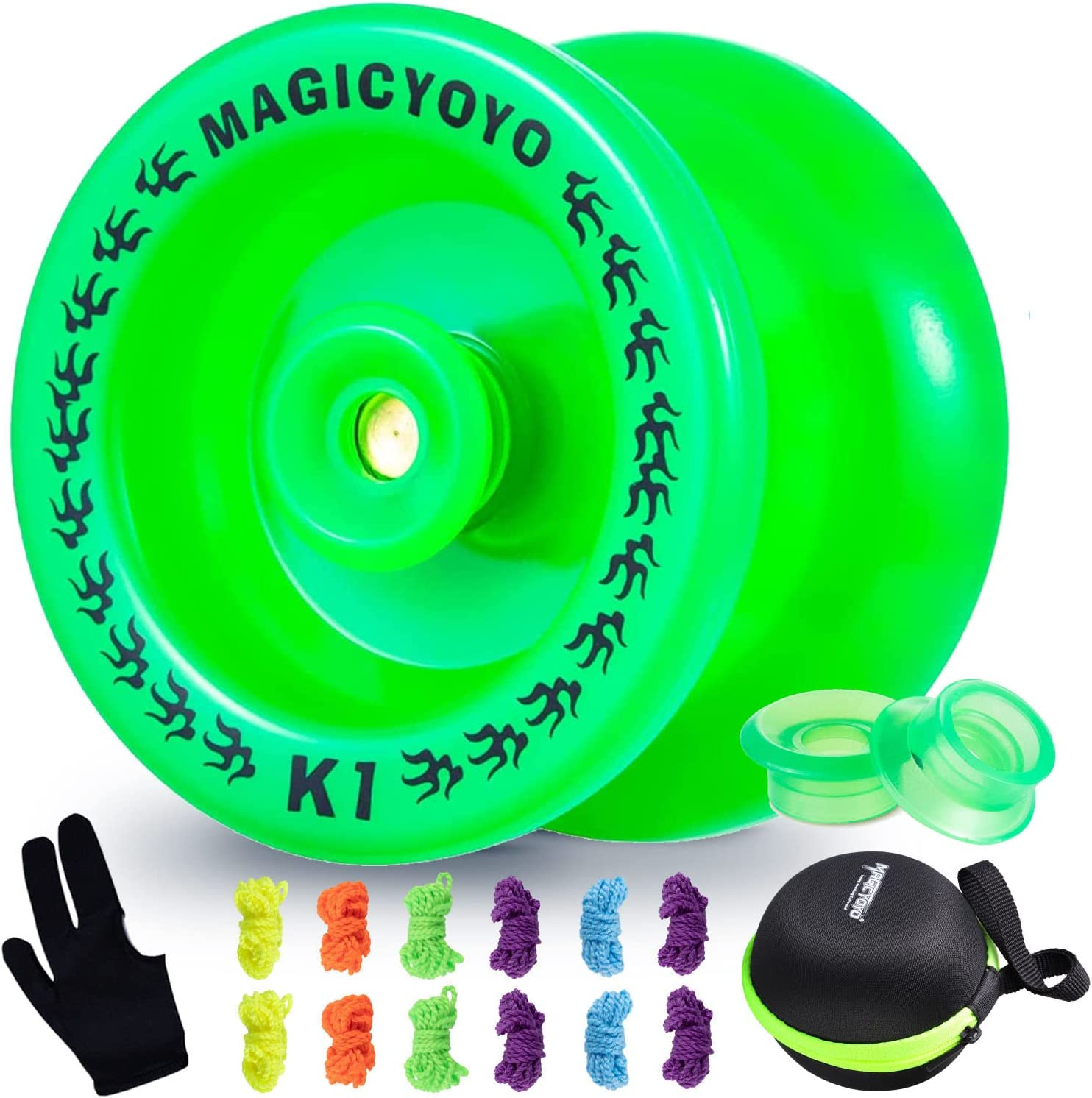 MAGICYOYO Responsive Yoyo K1 plus Glow in the Dark Green Yoyo for Beginner Kids, Plastic ABS Yoyo with Yoyo Glove+Yoyo Bag +12 Replacement Yoyo Strings