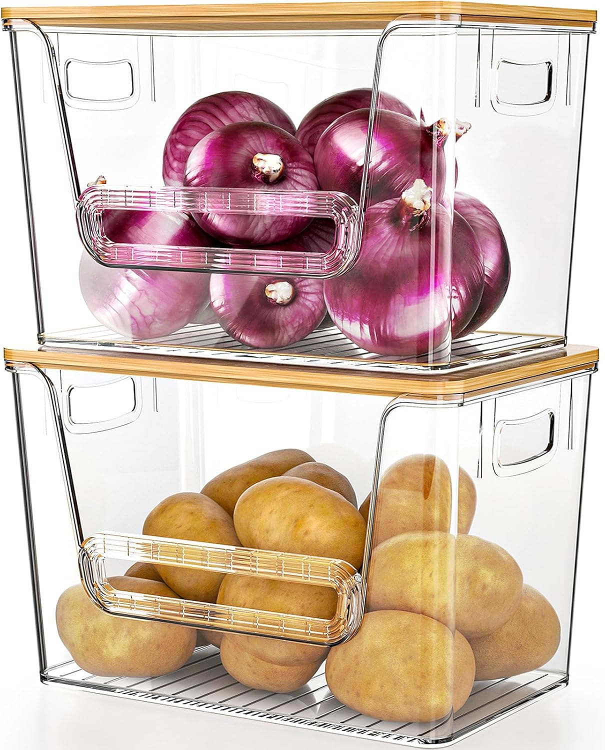 2 Set Pantry Organizers and Storage, Trash Bag Holder under Sink Organizer for 4-13 Gal Bags, Trash Bag Dispenser with Bamboo Top for Onion, Potato, Garlic, Clear (11-7/32