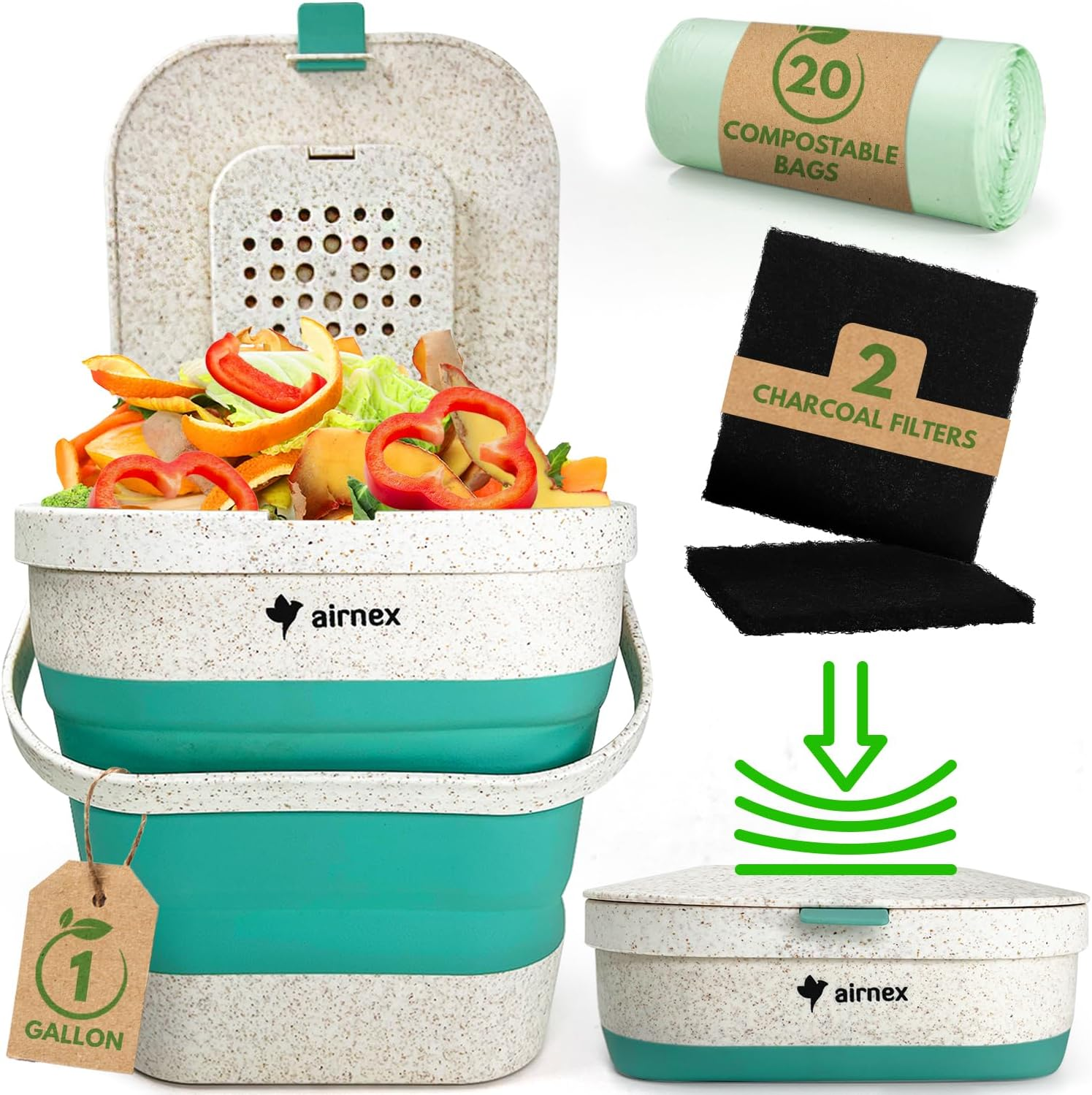 AIRNEX Collapsible Small Compost Bin with Lid - 1 Gallon Compost Bucket Food Waste Caddy Made of Wheat Straw - Odorless Counter Top Compost Bin for Kitchen with 20 Compost Bags and 2 Carbon Filters