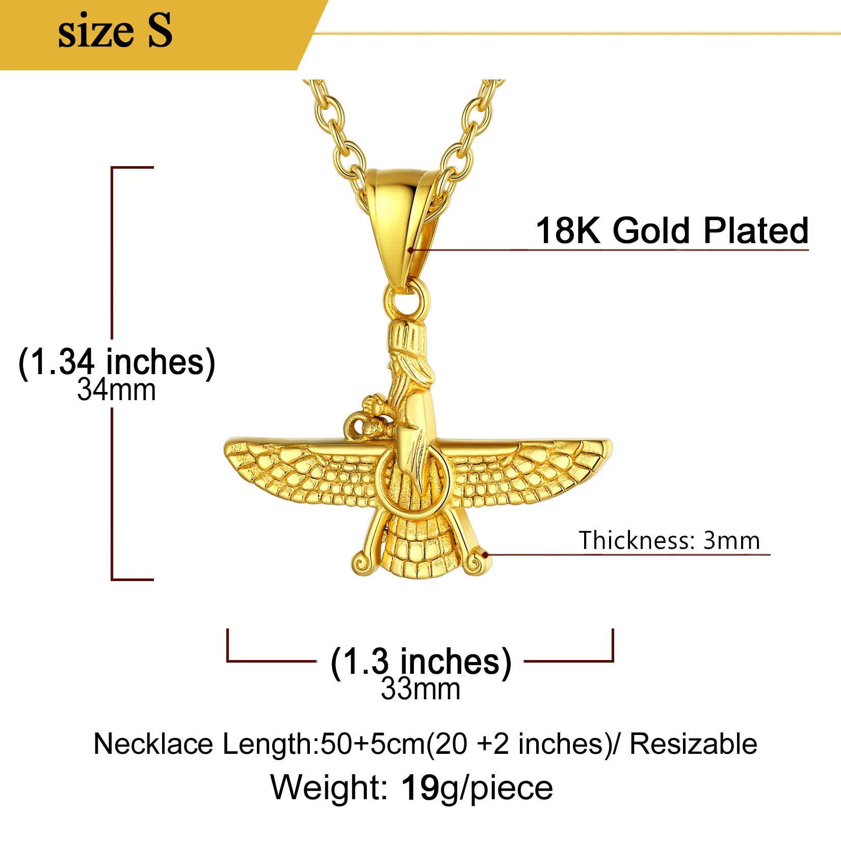 Stainless Steel Iranian Vintage Faravahar Necklace Fravashi Size L S Spiritual Power Ancient Persia Symbol Unisex Jewelry