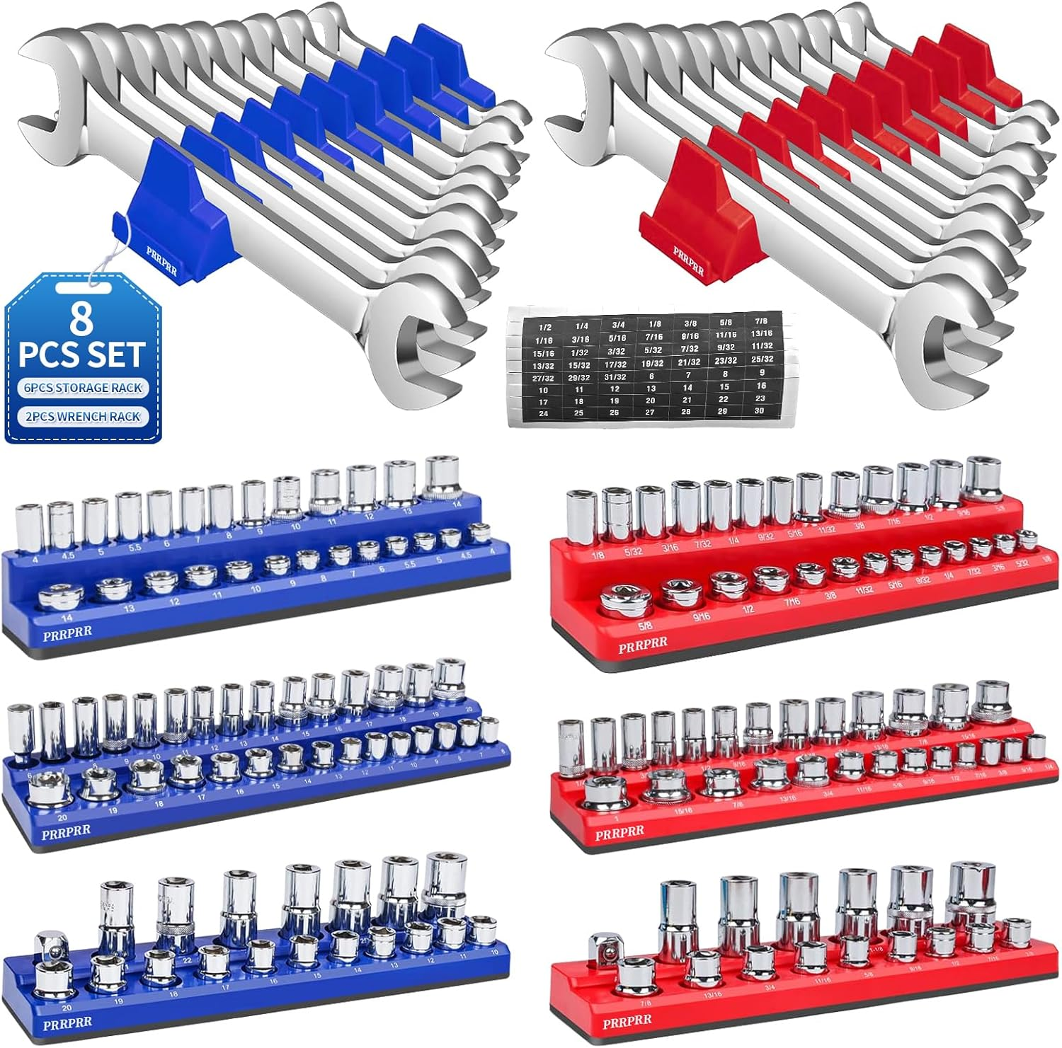 Magnetic Socket Organizer Set, 8PCS Socket Holder with 6 Socket Trays & 2 Wrench Racks, Metric & SAE Tool Box Organizer 1/4