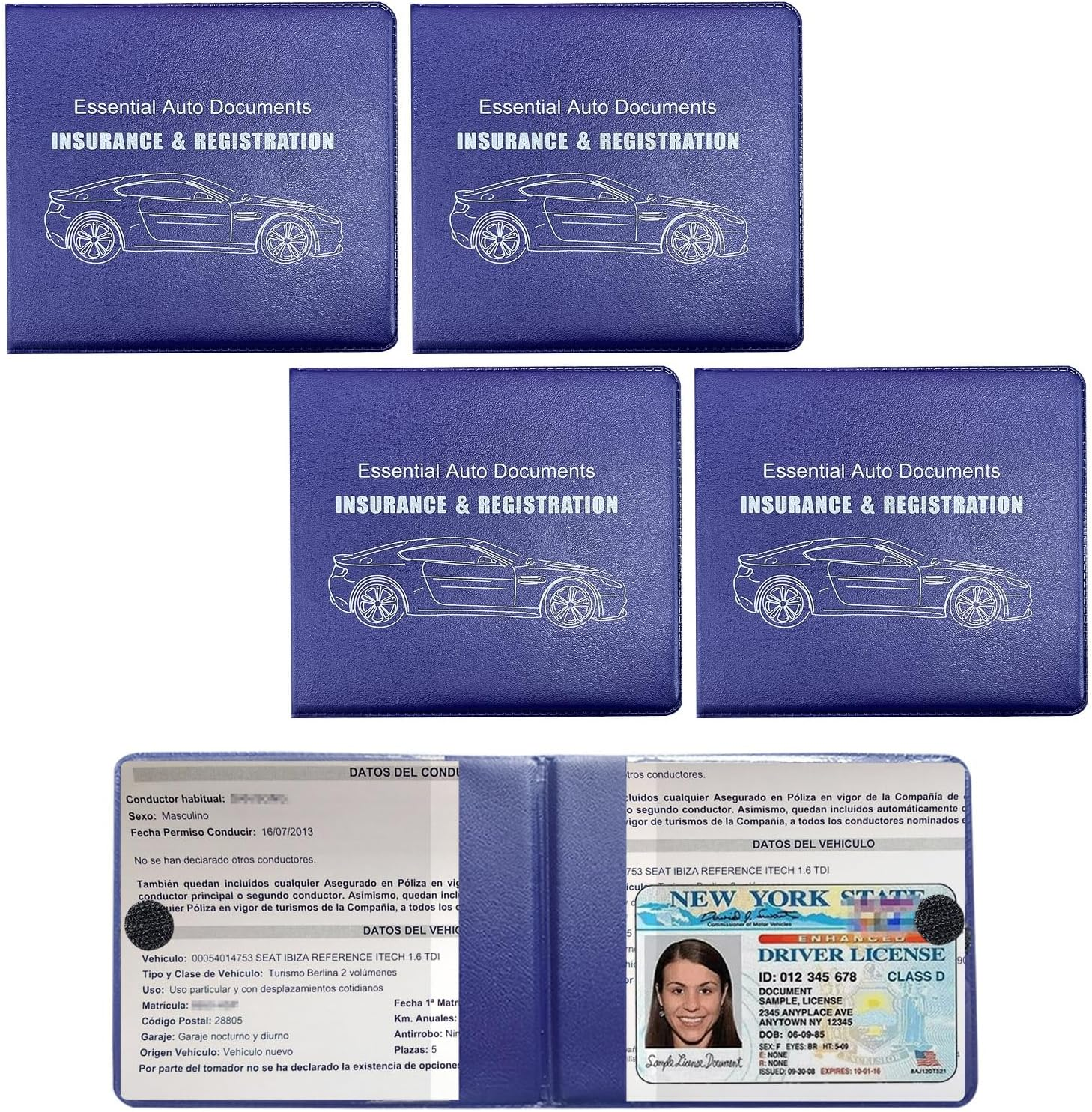 4 PCS Car Registration and Insurance Holder, Vehicle Glove Box Organizers with Closure for License Document, Auto Essential Paperwork Wallet Case Holder, Car Accessories (Blue, Car Logo)