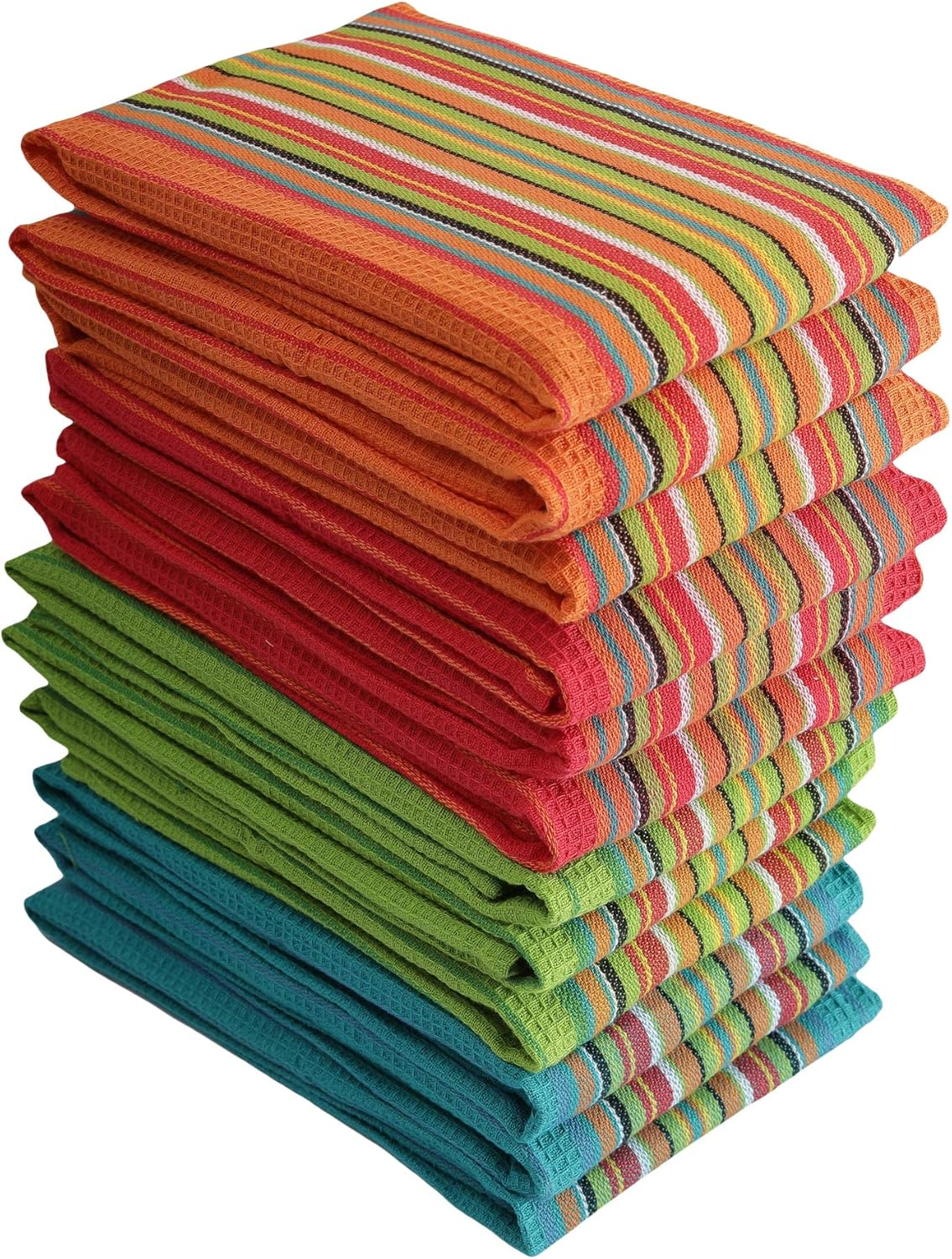 Salsa Stripe Kitchen Dish Towels, 100% Cotton, Highly Absorbent, Multi Purpose Waffle Tea Towels for Cooking, Drying & Cleaning, 16X28 Inches, Pack of 12
