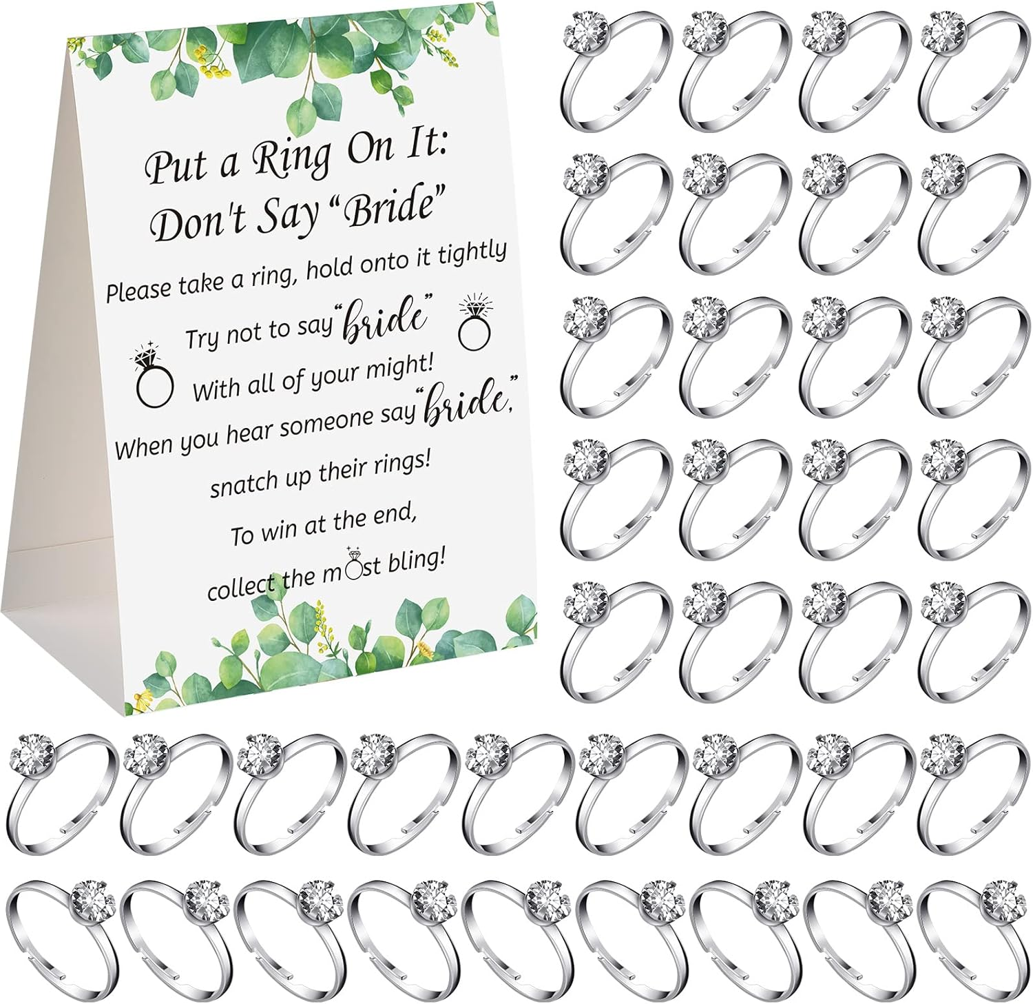 Put a Ring on It Bridal Shower Game with 50 Fake Rings, Rustic Greenery Theme Wedding Shower Games Wedding and Engagement Rings and Not Say Bride Rules Cards(Leaves,Silver)