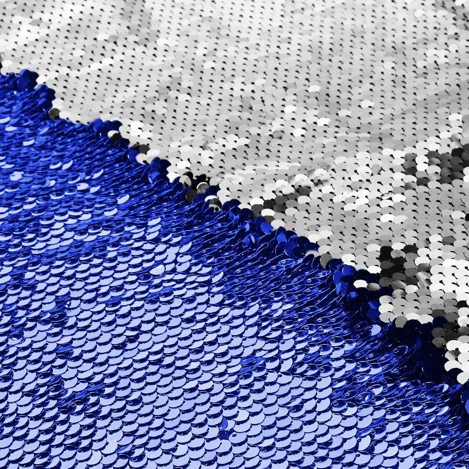 Flip Sequin Fabric by the Yard, Half Yard Reversible Sequin Fabric, Sapphire Blue + Silver Glitter Fabric Sparkly Mermaid Sequin Fabric for Graffiti, Bridal Dress, Wedding Decorations, Sewing