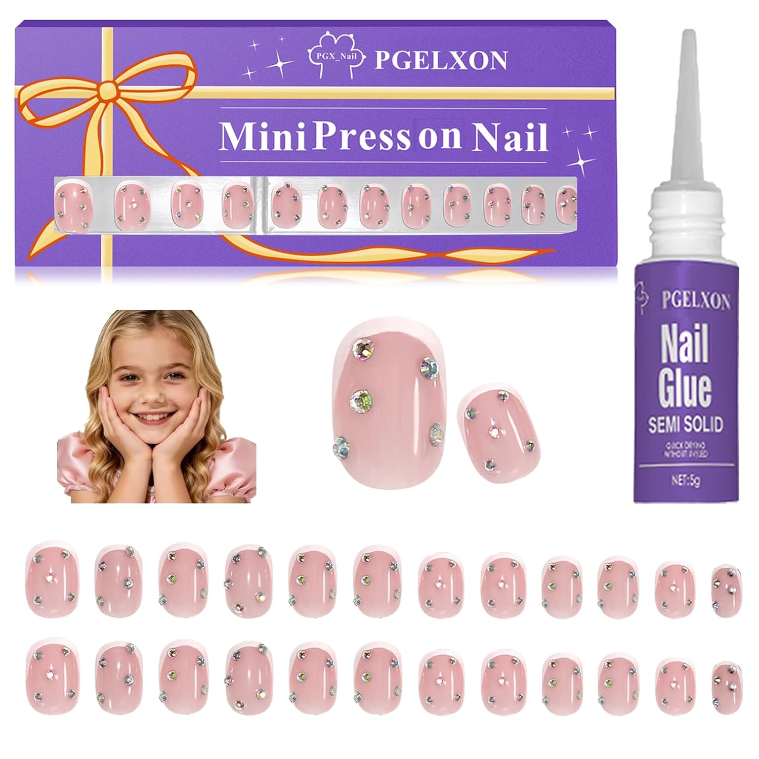Kids Press on Nails, 24Pcs French Tip Press on Nails for Kids 6-12 with 3D Nail Rhinestones, Non-Toxic Nail Kit with Nail Glue, Adhesive Tabs, Fake Nails Gift for Girls