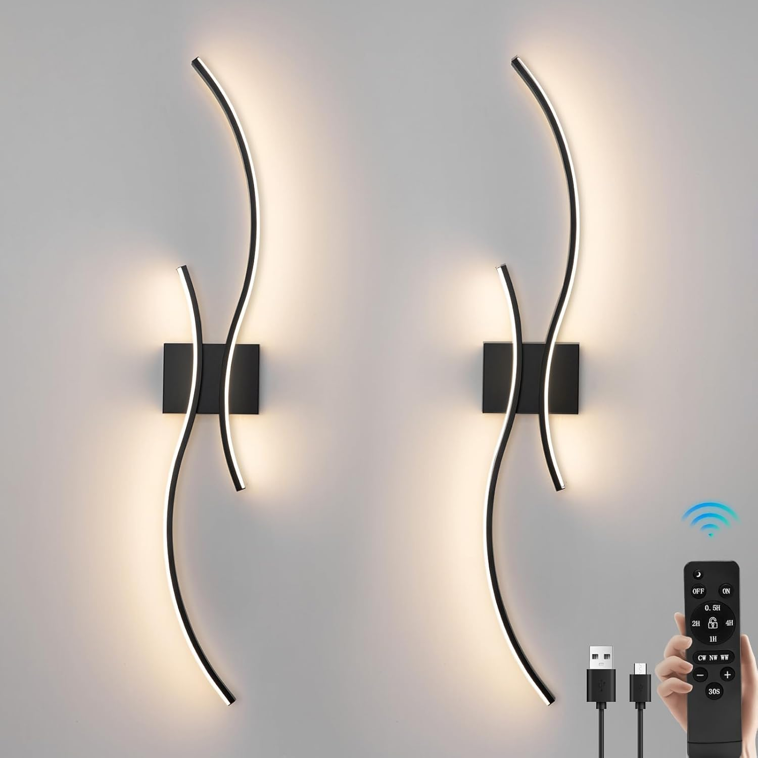 Battery Operated Wall Sconces Set of 2, Dimmable Rechargeable Battery Wall Light with Remote Control, 3000K-6500K LED Black Wireless Wall Sconce for Living Room Bedroom Hallway, 31.5Inch (Black)