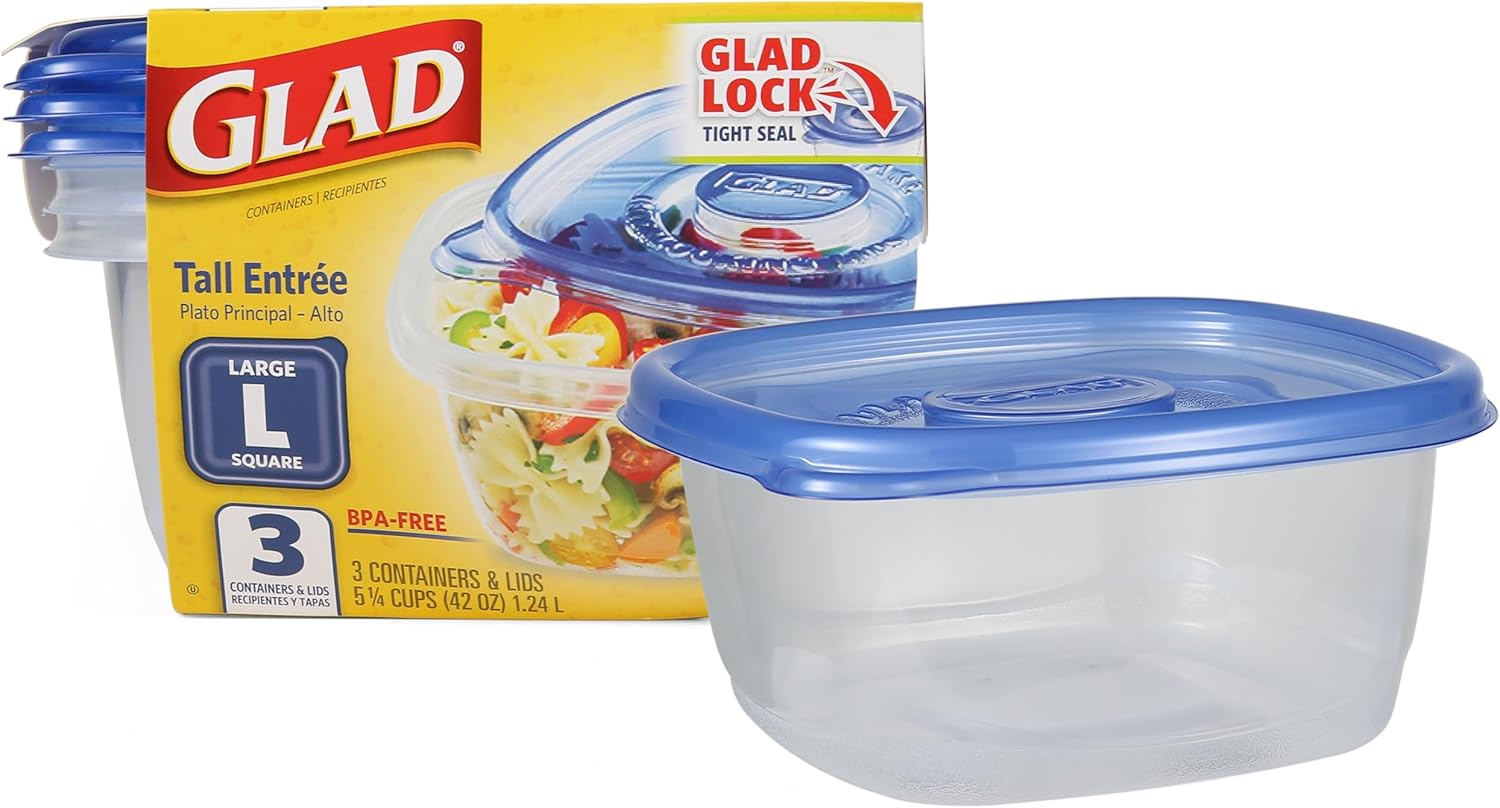 Glad Gladware Tall Entrée Food Storage Containers | Large Square Containers for Food Hold up to 42 Ounces of Food, 3 Count | Strong and Sturdy Large Food Storage Holders
