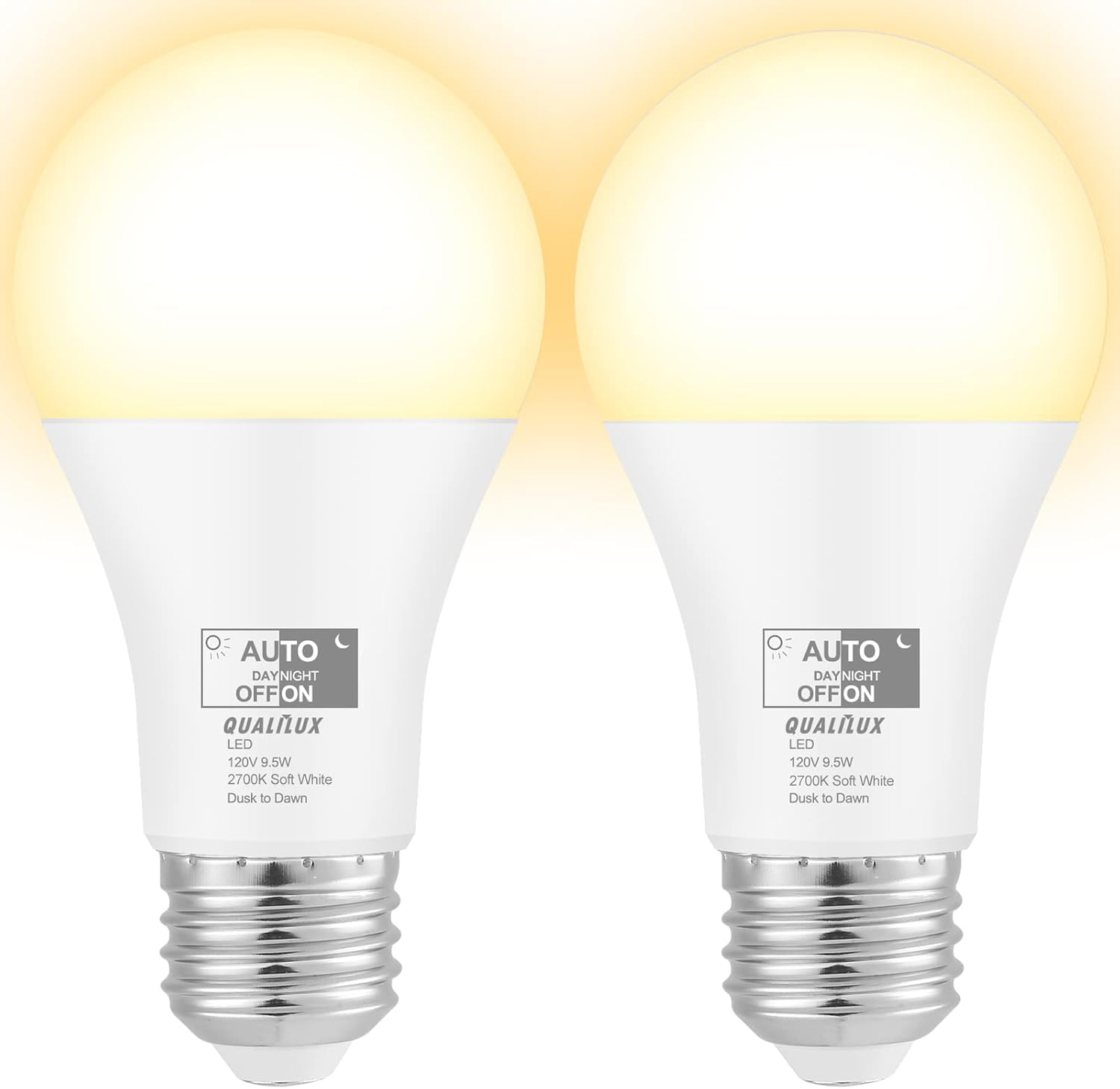Dusk to Dawn Light Bulbs 850LM, 60W Equivalent, Soft White, LED 9.5W, A19, E26 Base, 2-Pack, HQ-H015