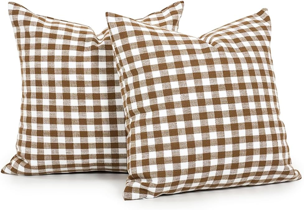 Farmhouse Brown and White Gingham Plaid Pillow Covers 18x18 Set of 2, Khaki Checkered Pillow Covers 18 x 18, Outdoor Buffalo Plaid Decorative Throw Pillows (No Pillow Inserts)
