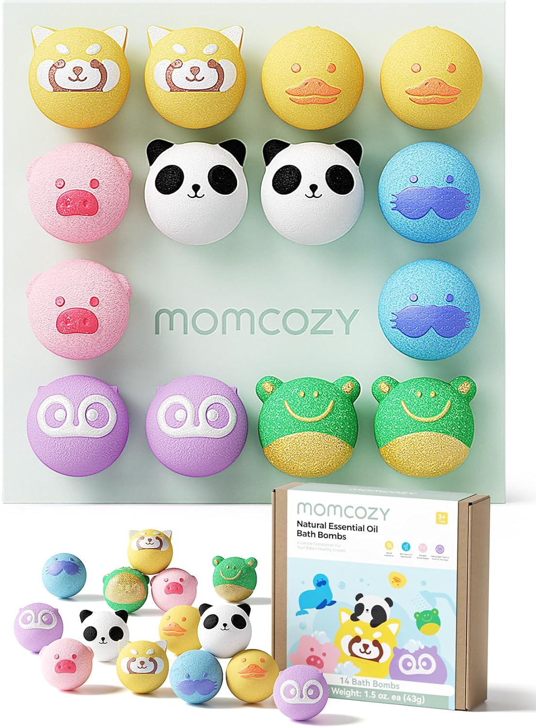 Momcozy Natural&Organic Essential Oil Bath Bombs,14 Pcs Bubble Bath Fizzy Balls with 7 Cute Animal Shapes,Bath Bombs Gift Set for Kids Girls Boys Toddler, Ideal Gift for Children'S Day, Bath Bomb Kit