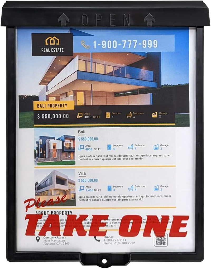 Mediz Outdoor Real Estate Brochure Box with Snap Shut Lid, Take One Document Holder Holds 100+ 8.5X11 Documents, Flyers, Literature and Other Outdoor Marketing Needs