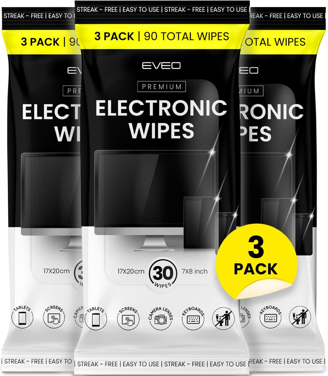EVEO Electronic Wipes Screen Cleaner-Tv Screen Cleaner Wipes, Computer Screen Cleaner, Laptop Screen Cleaner, Ipad & Monitor Cleaner, TV Cleaner Screen Cleaning Wipes - [90 Wipes + Microfiber Cloth ]