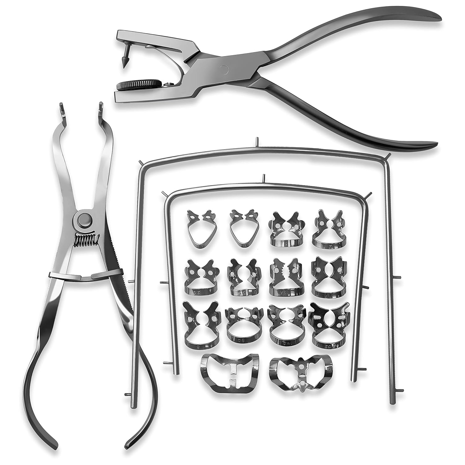 Comprehensive Dental Rubber Dam Kit - Medical Grade Stainless Steel, Rubber Dam Clamps, Punch Plier, Endodontic Supplies, and Dental Isolation Tools.