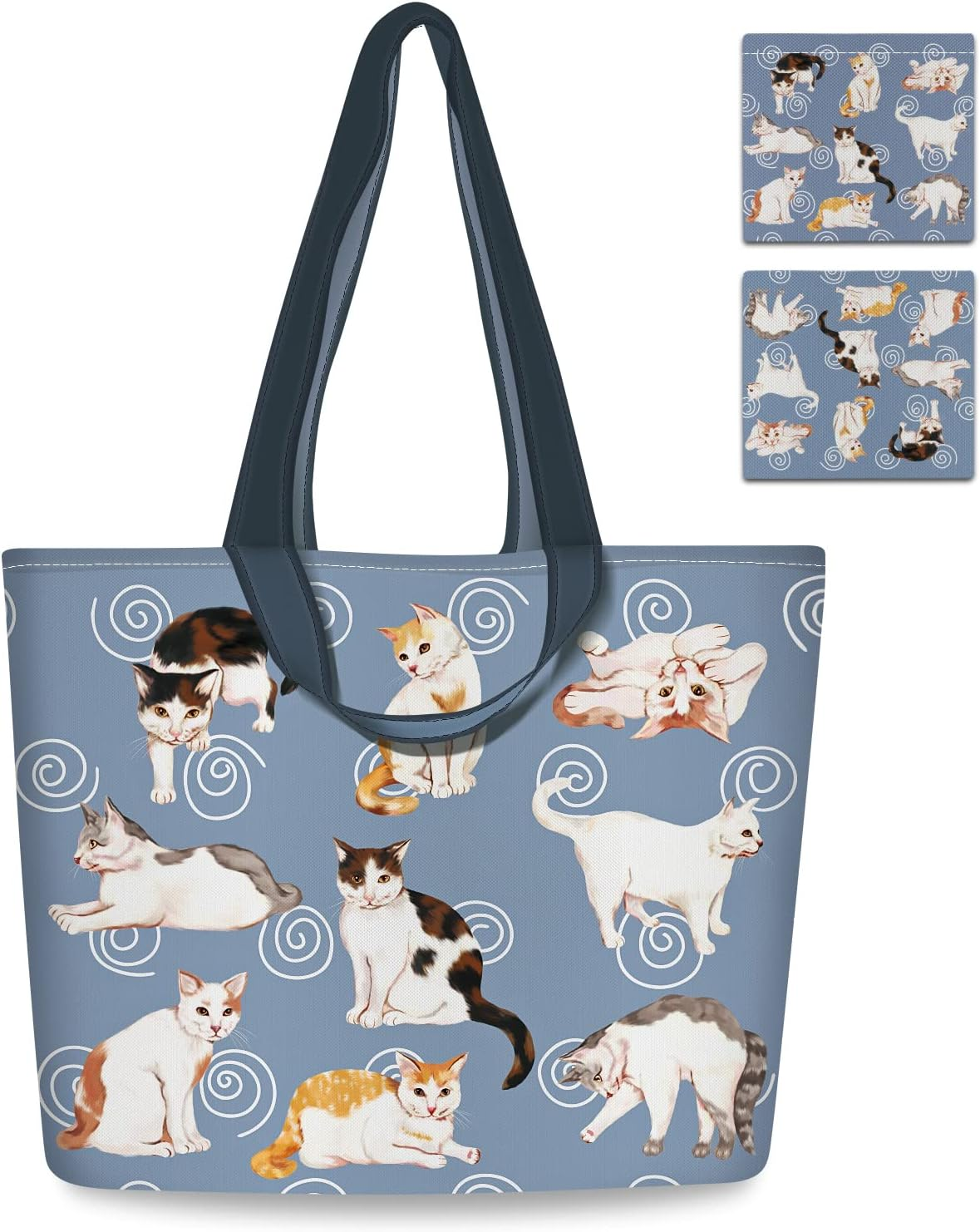 Nymphfable 2 Pack Reusable Grocery Bags Polyester Cute Cat Shopping Bag with Handles Foldable Storage Bag Gifts Bag