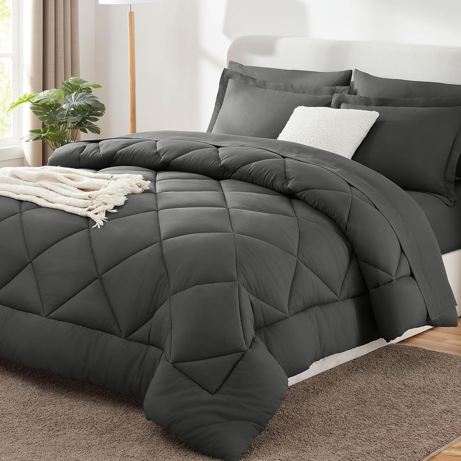 Cozylux King Bed in a Bag 7-Piece Comforter Set with Comforter, Pillow Shams, Flat Sheet, Fitted Sheet and Pillowcases - Dark Grey All Season Bedding