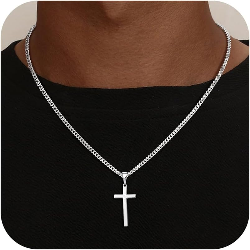 925 Sterling Silver Cross Necklace for Men, 3.5MM Diamond Cut Cuban Link Chain Silver Cross Necklace Christian Gifts for Boyfriend Father Husband