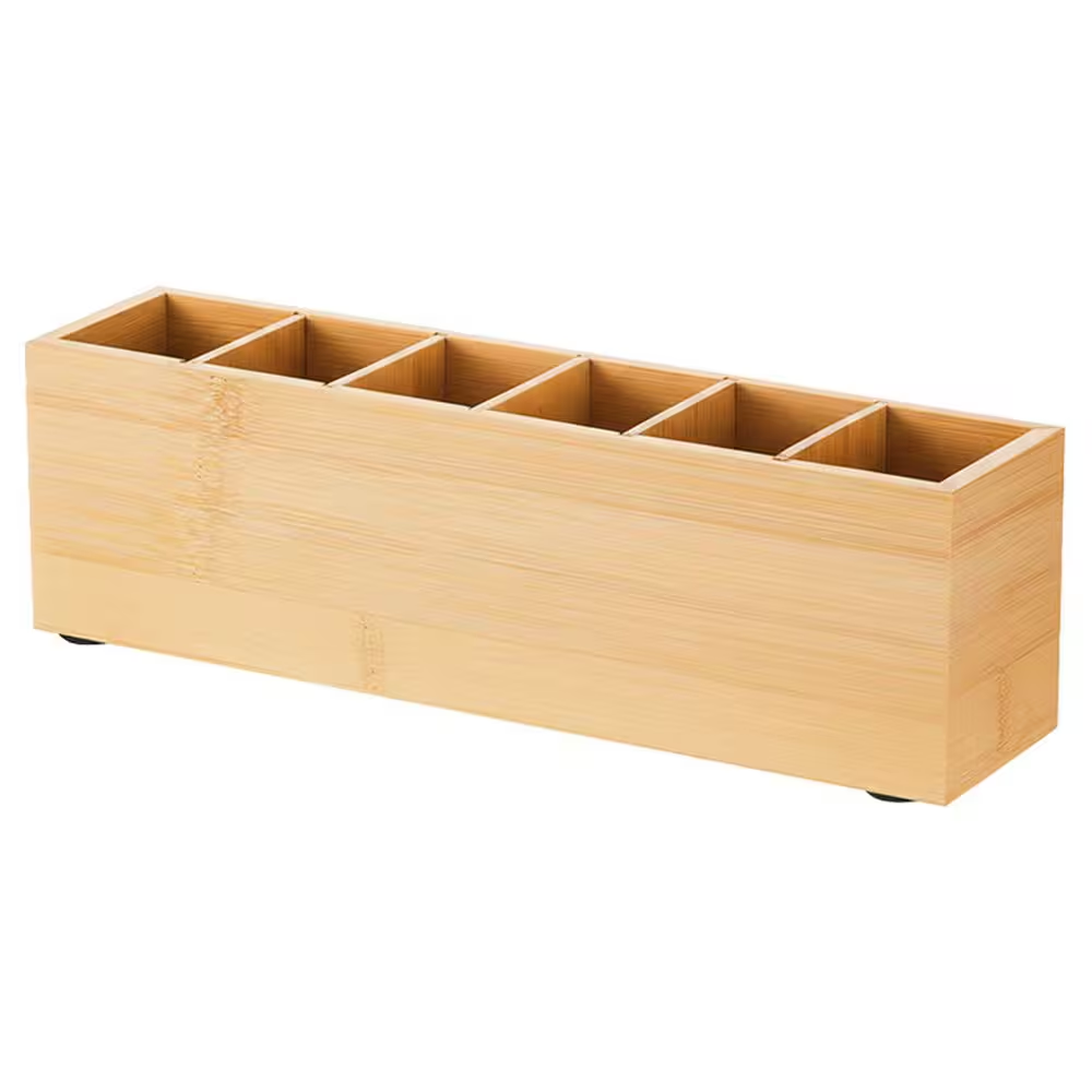 1-Pack Wood Color Adjustable 6-Compartment Desk Organizer Office Supply Holder for Pens, Makeup Brushes, Silverware