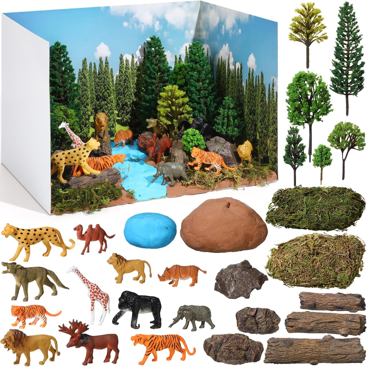 55 Pieces Rainforest Diorama Kit Rainforest Diorama Supplies Include Animals Figures Model Trees Artificial Tree Fake Rocks Sand Stone Moss with Gift Box for Gifts Project Birthday