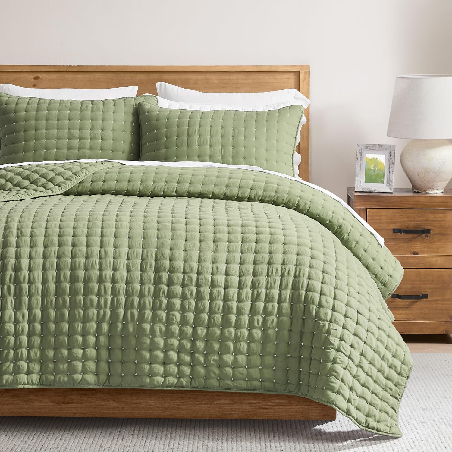 Green California Cal King Size Quilt Bedding Sets with Pillow Shams, Dark Sage Olive Oversized Lightweight Bedspread Coverlet, Quilted Blanket Thin Comforter Bed Cover, 3 Pieces, 118X106 Inches