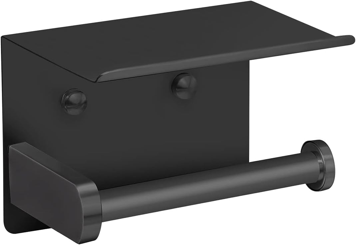 Self Adhesive Toilet Paper Holder with Phone Shelf Stainless Steel Wall Mounted Toilet Paper Roll Holder - Rustproof and Bathroom Washroom Tissue Roll Holder with Shelf - Black