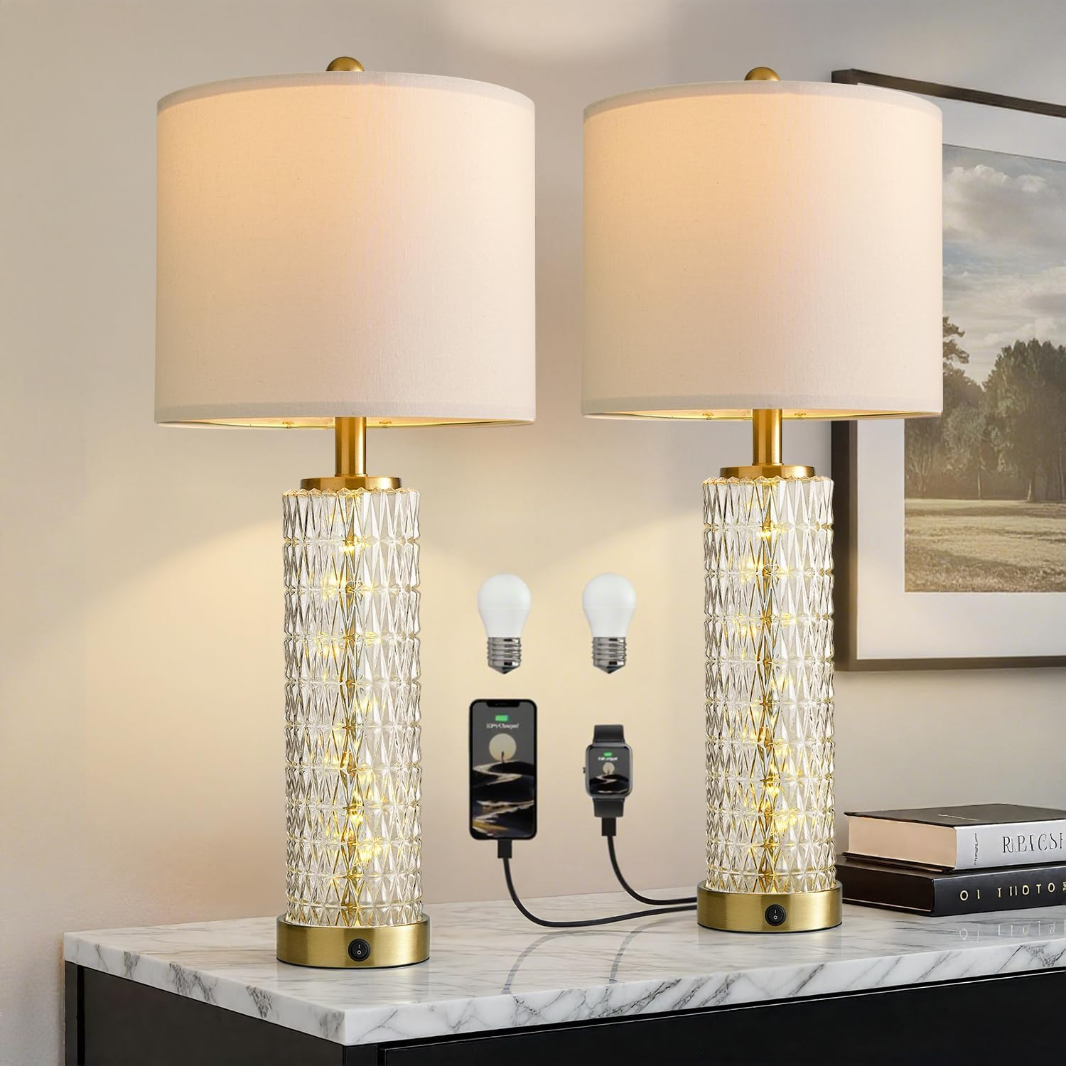 27.75” Table Lamps Set of 2, Gold Modern Bedside Lamp with LED Night Light, USB A+C, Glass Lamps for Living Room, Bedroom, Nightstand, Office, End Table (2 Bulbs Included)