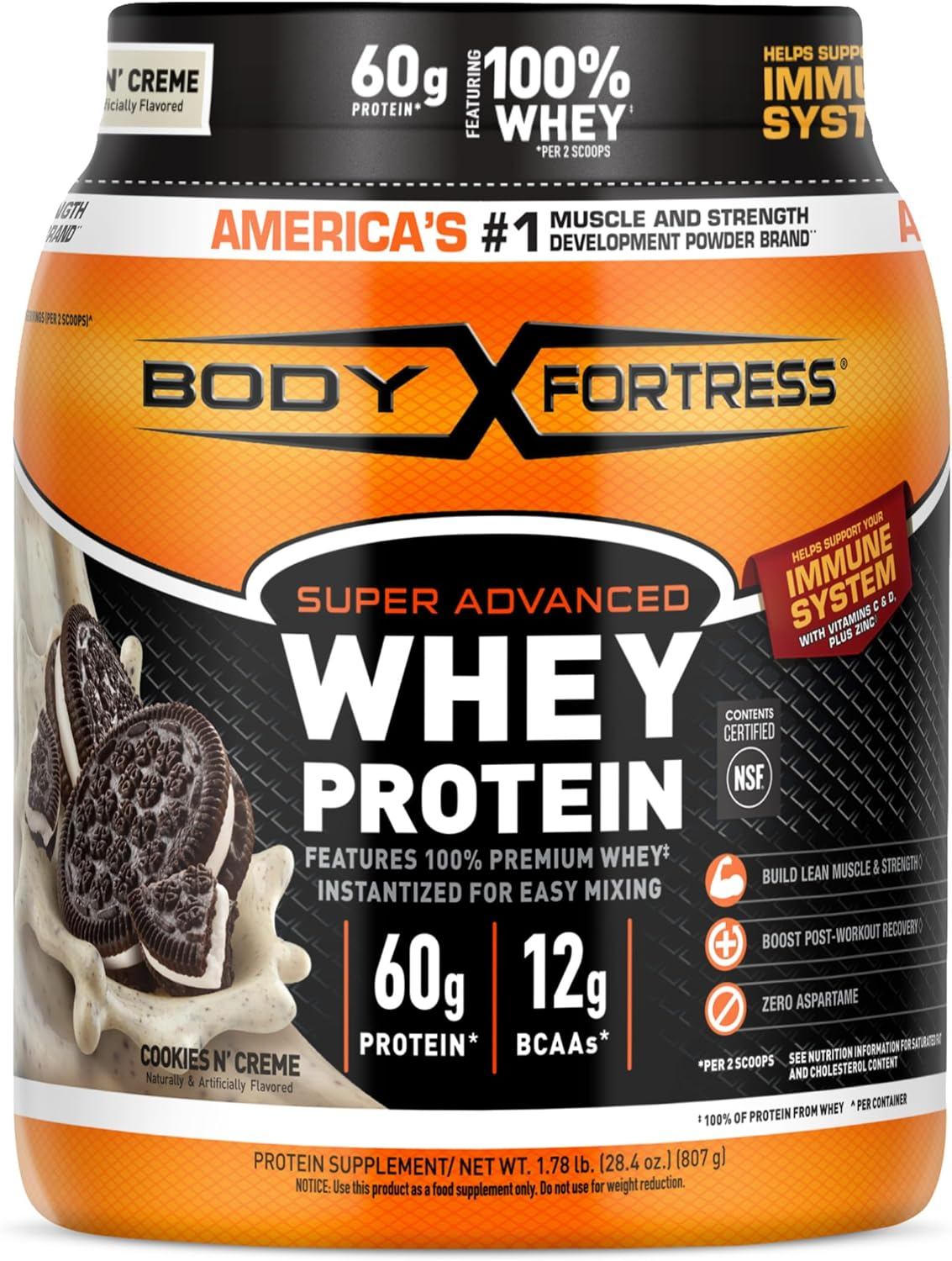 Super Advanced Whey Protein Powder, Cookies N’ Creme, 60G Protein & 12G Bcaas per 2 Scoops, Muscle Gain & Recovery, Immune Support with Vitamins C & D, 1.78Lbs (Packaging May Vary)