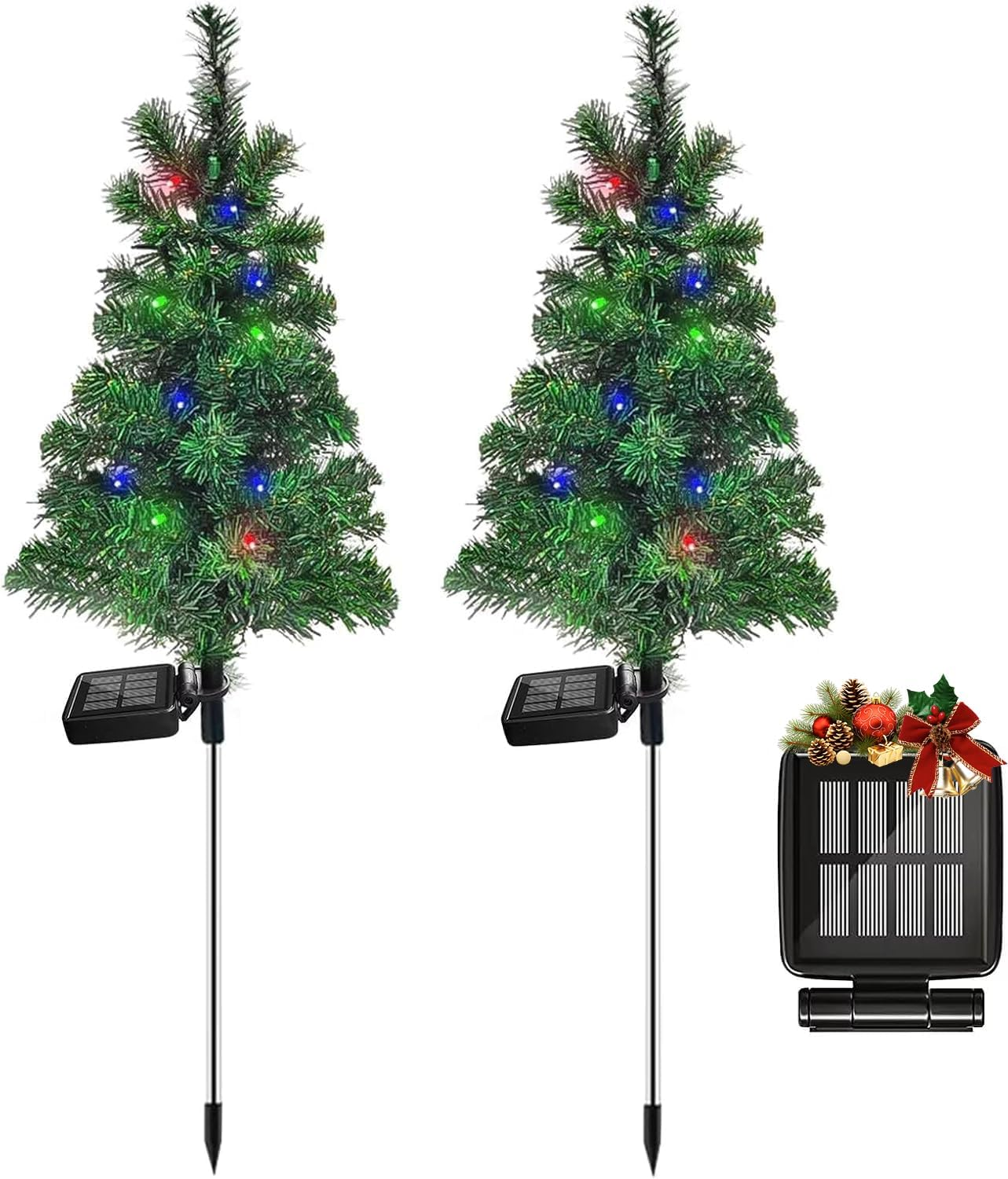Solar Christmas Tree Garden Stake Lights Waterproof Christmas Decorations Tree Lights Outdoor Xmas Tree Light Christmas Décor Pathway Lights Patio Yard (Color, 2Pcs